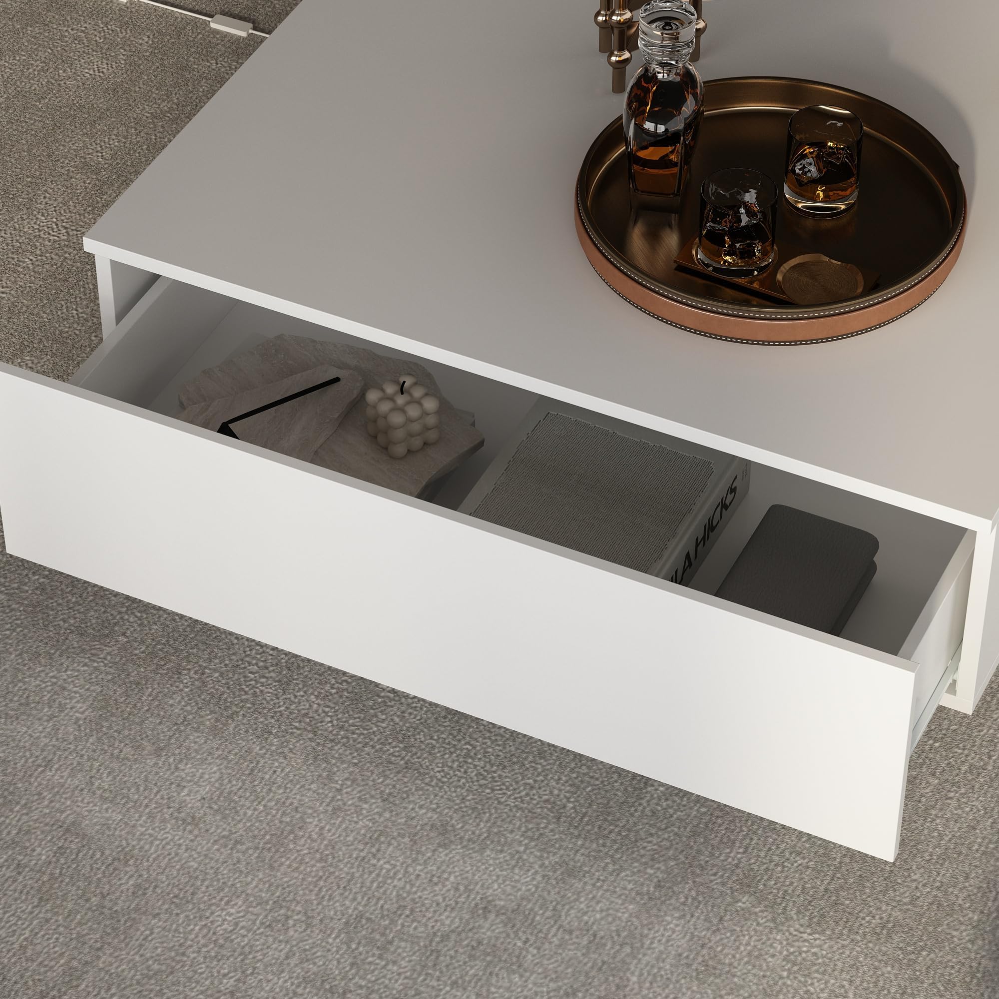 Modern LED Coffee Table with 2 Drawers, Tempered Glass Top & Remote Control, White Rectangle Center Table, 55.1”