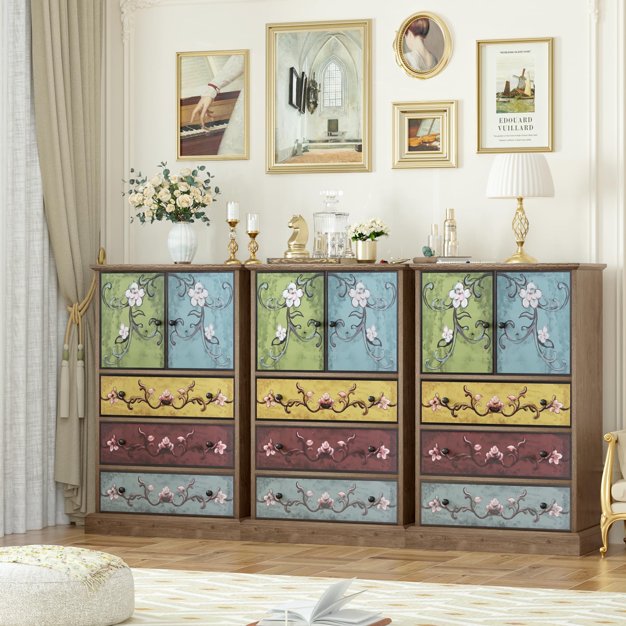 Tall Boho Wood Chest with Drawers & Doors, 42.3" Accent Dresser Cabinet for Office, Bedroom, Living Room