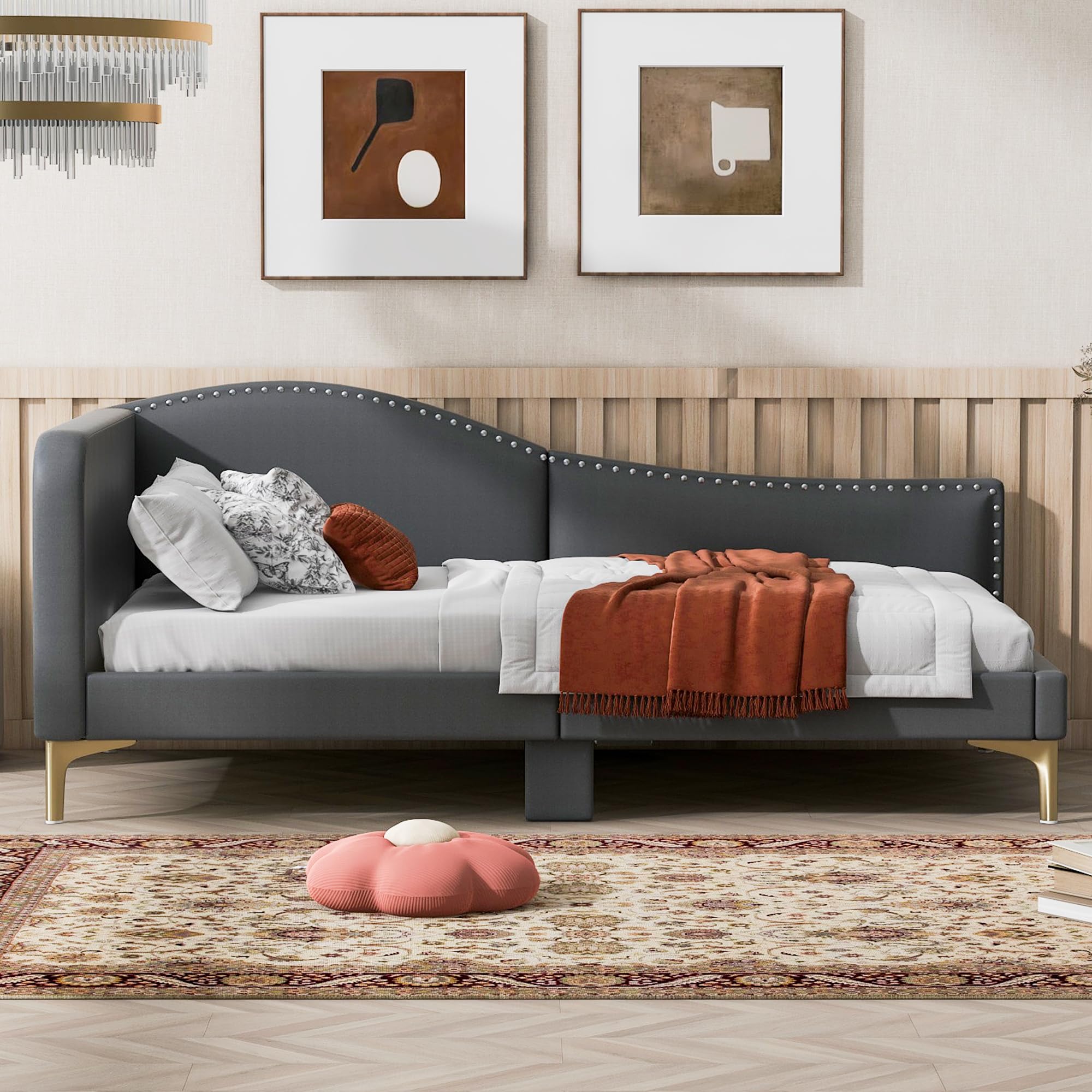 Twin Upholstered Daybed – Grey Bed Frame with Armrest & Headboard, Strong Support, No Box Spring Needed