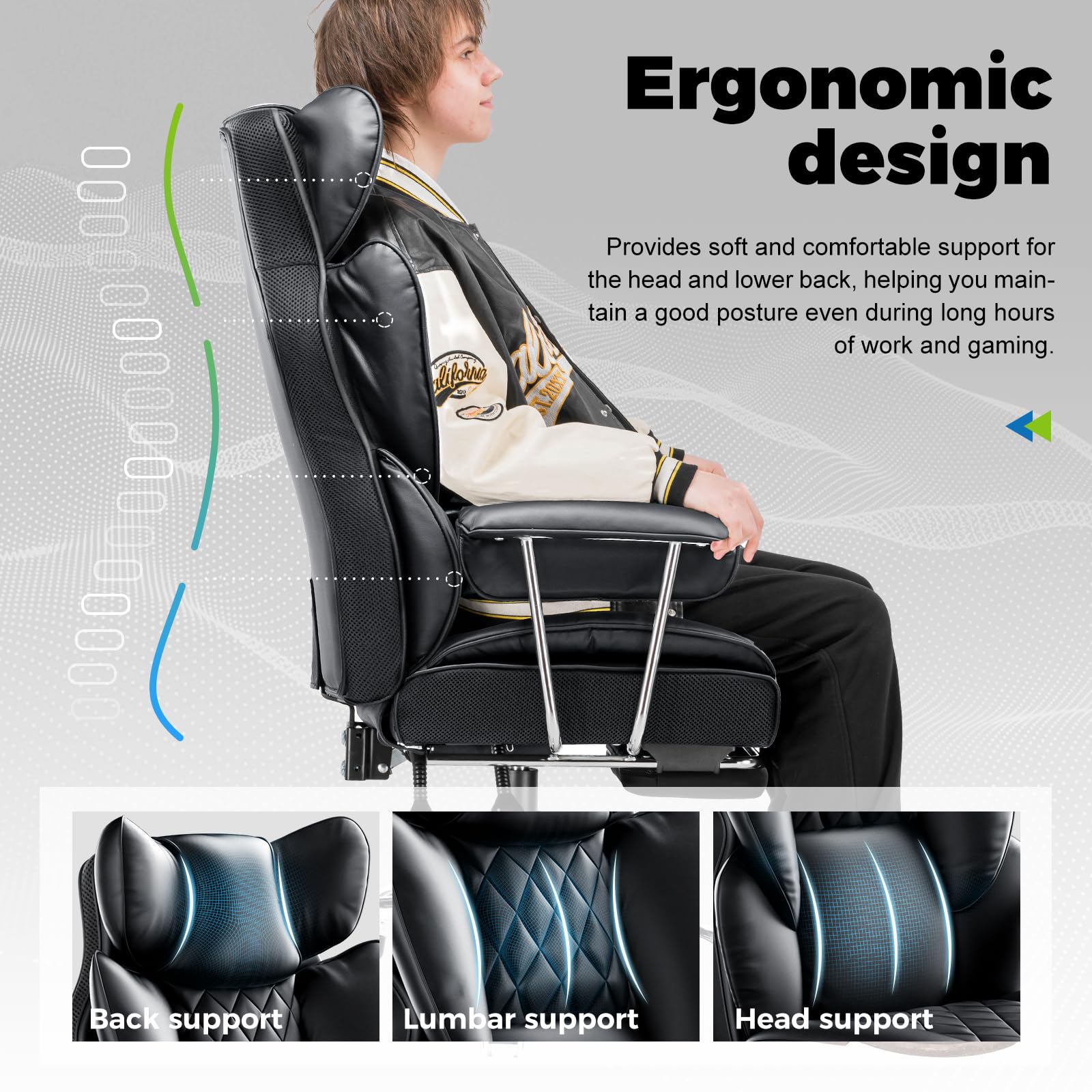 Big & Tall Gaming Office Chair, High Back Leather Chair with Footrest & Pocket Spring Lumbar, Soft Armrests