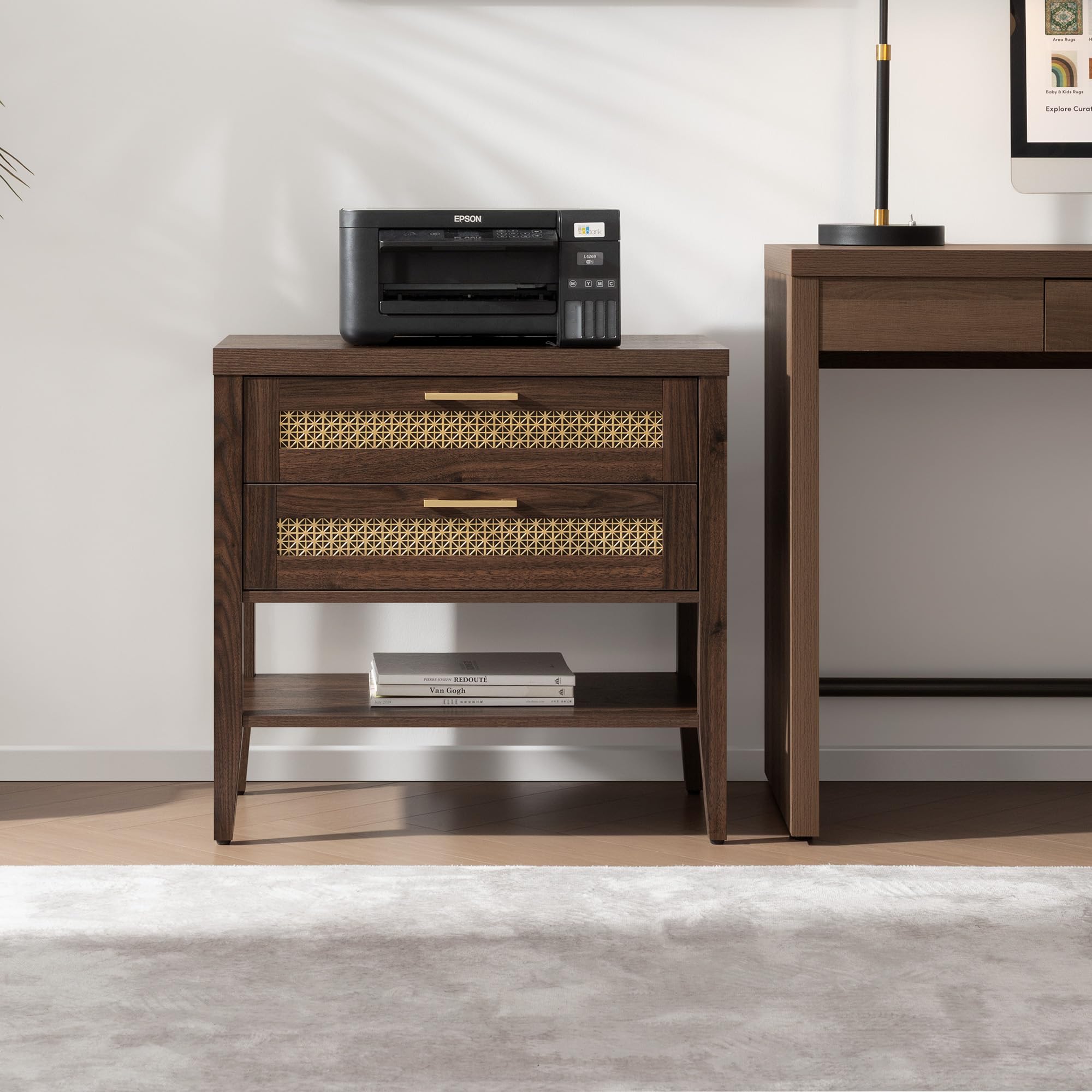 Set of 2 Large Nightstands with Drawers & Shelf, 25.7" Tall Mid-Century Bedside Tables for Bedroom, Walnut