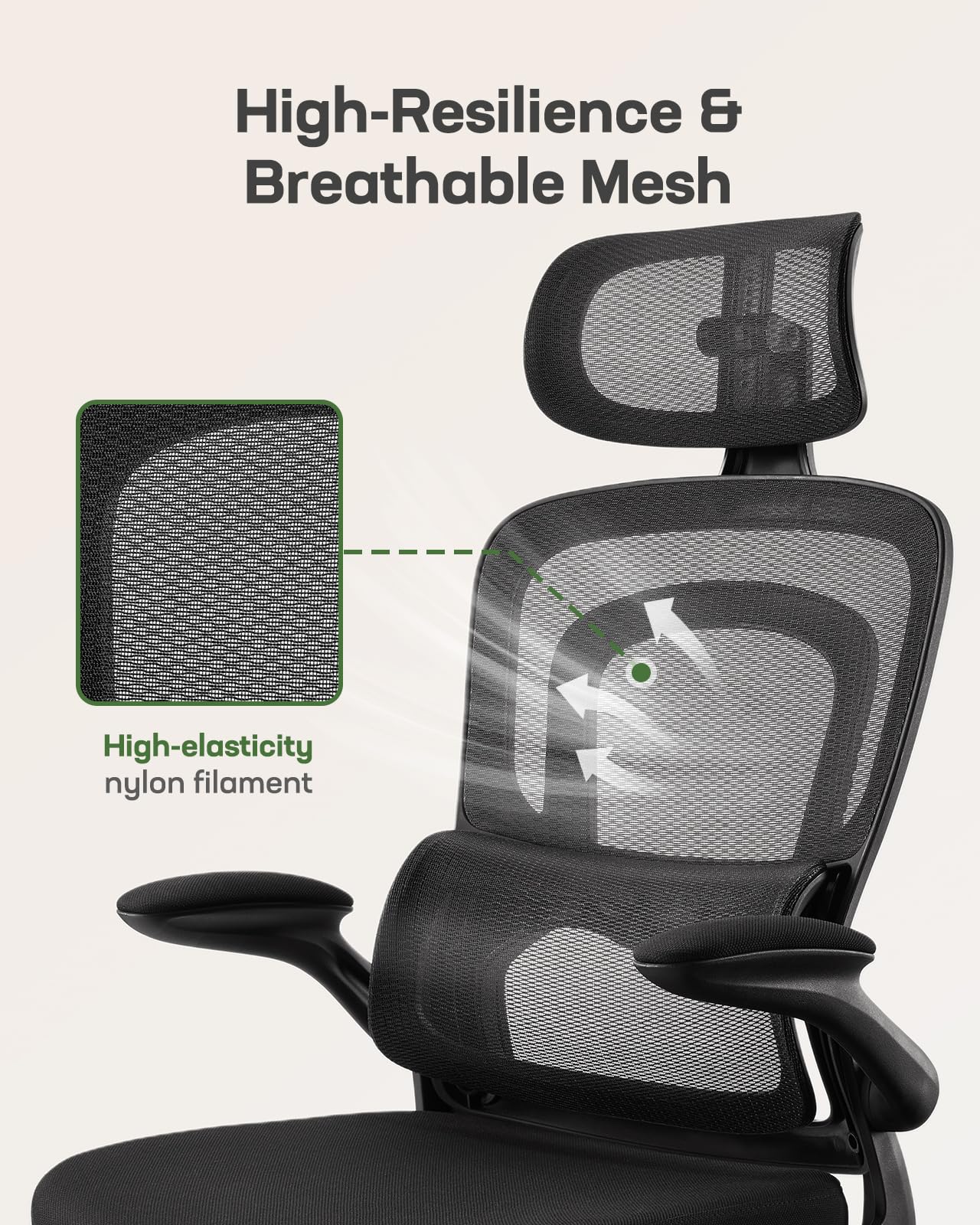 FURNIXI High Back Office Chair with Adjustable Lumbar, 2D Headrest & Flip-Up Arms, Ergonomic Mesh Gaming Chair, Black
