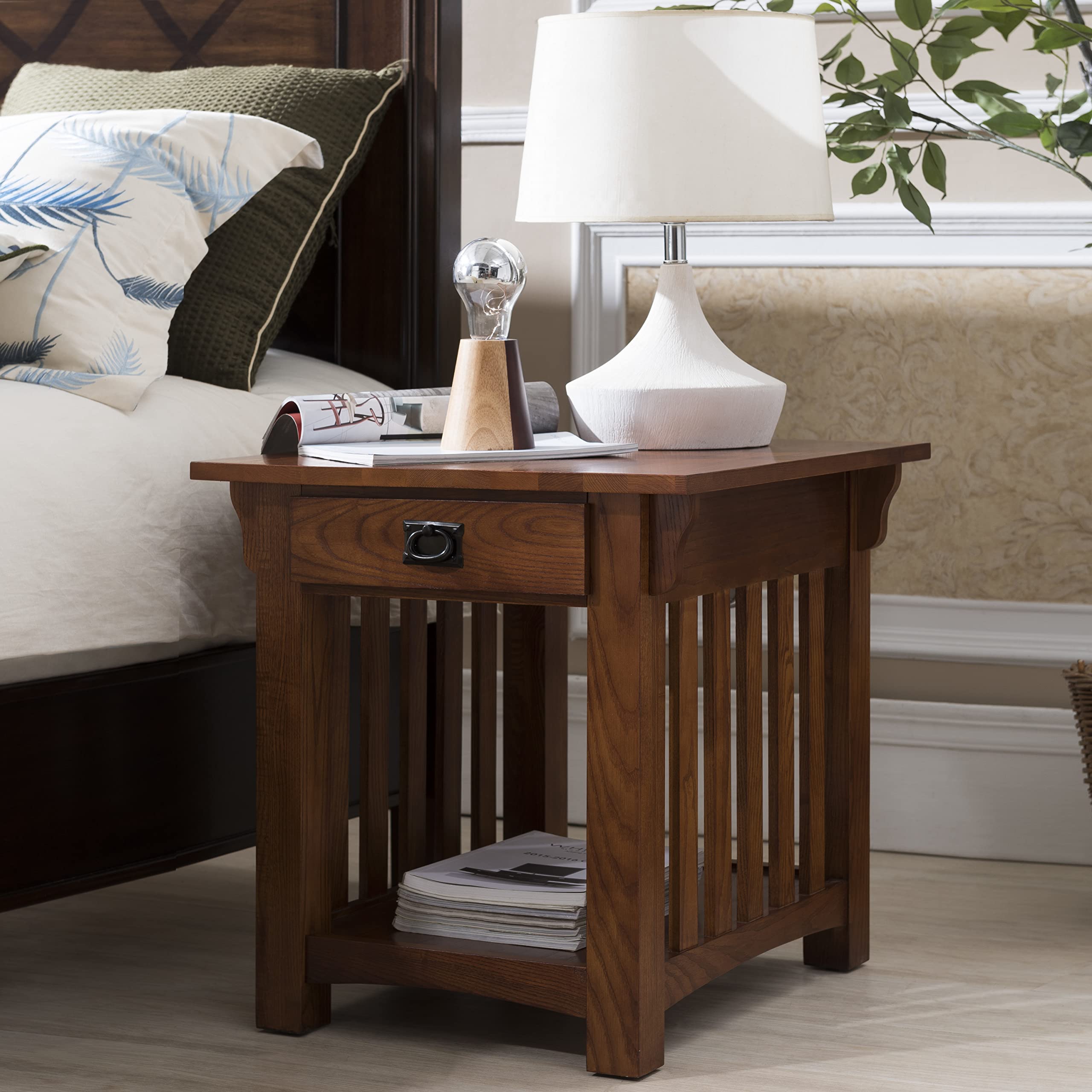 FURNIXI Mission Solid Wood End Table with Drawer & Shelf, Medium Oak Living Room Table with Slatted Sides