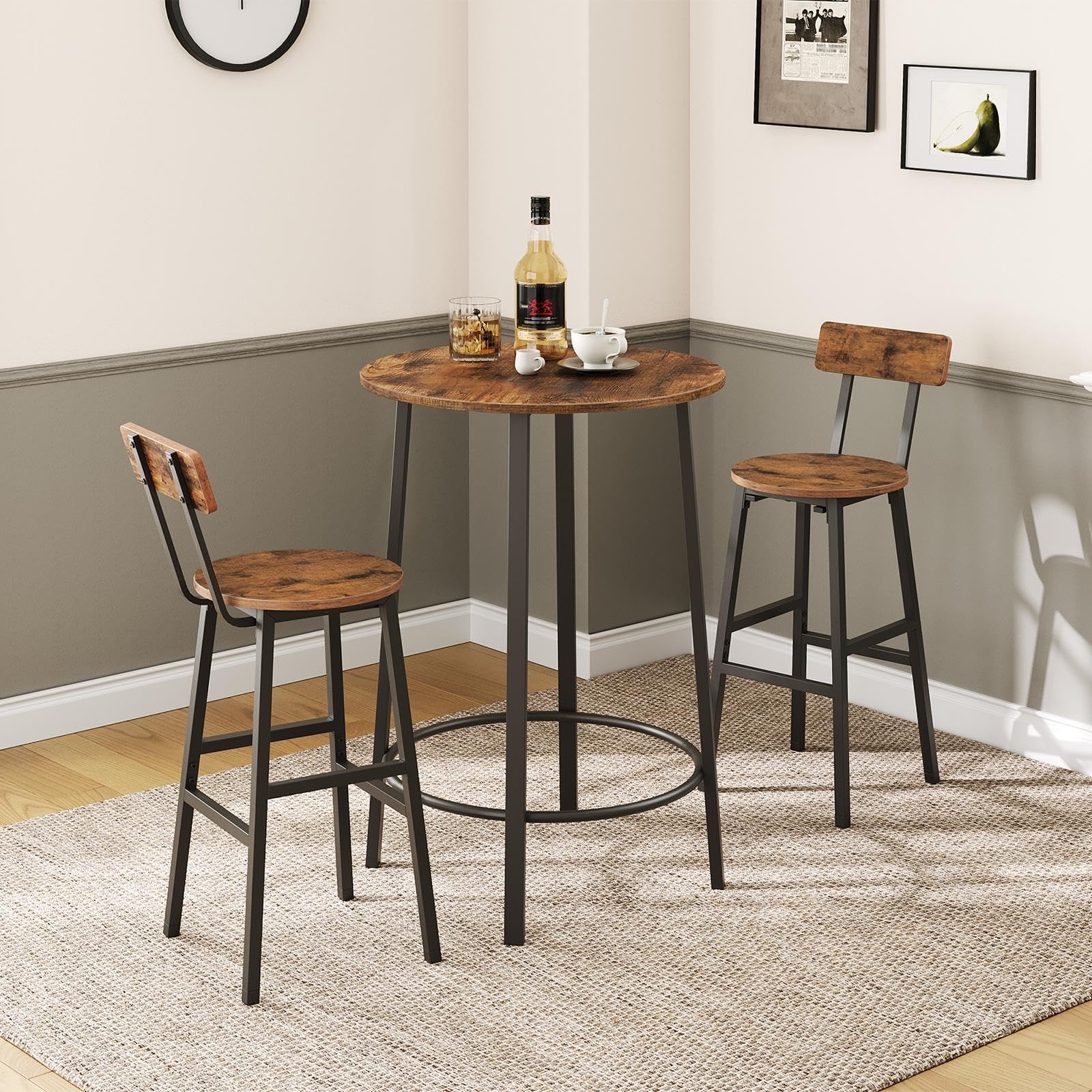 Bar Stools Set of 2, 24.4" Round Bar Chairs with Backrest & Footrest, Adjustable Feet, Rustic Brown for Kitchen, Living Room, Pub