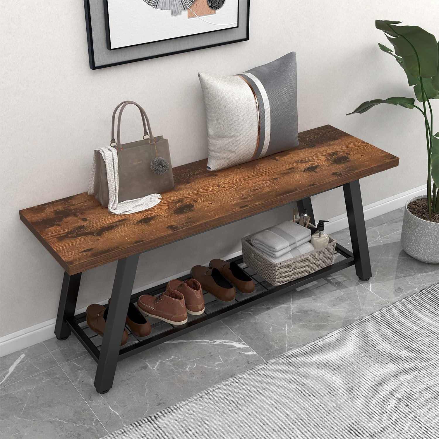 Industrial Rustic Storage Bench, Entryway Long Bench with Metal Frame and Shoe Rack, Retro Brown