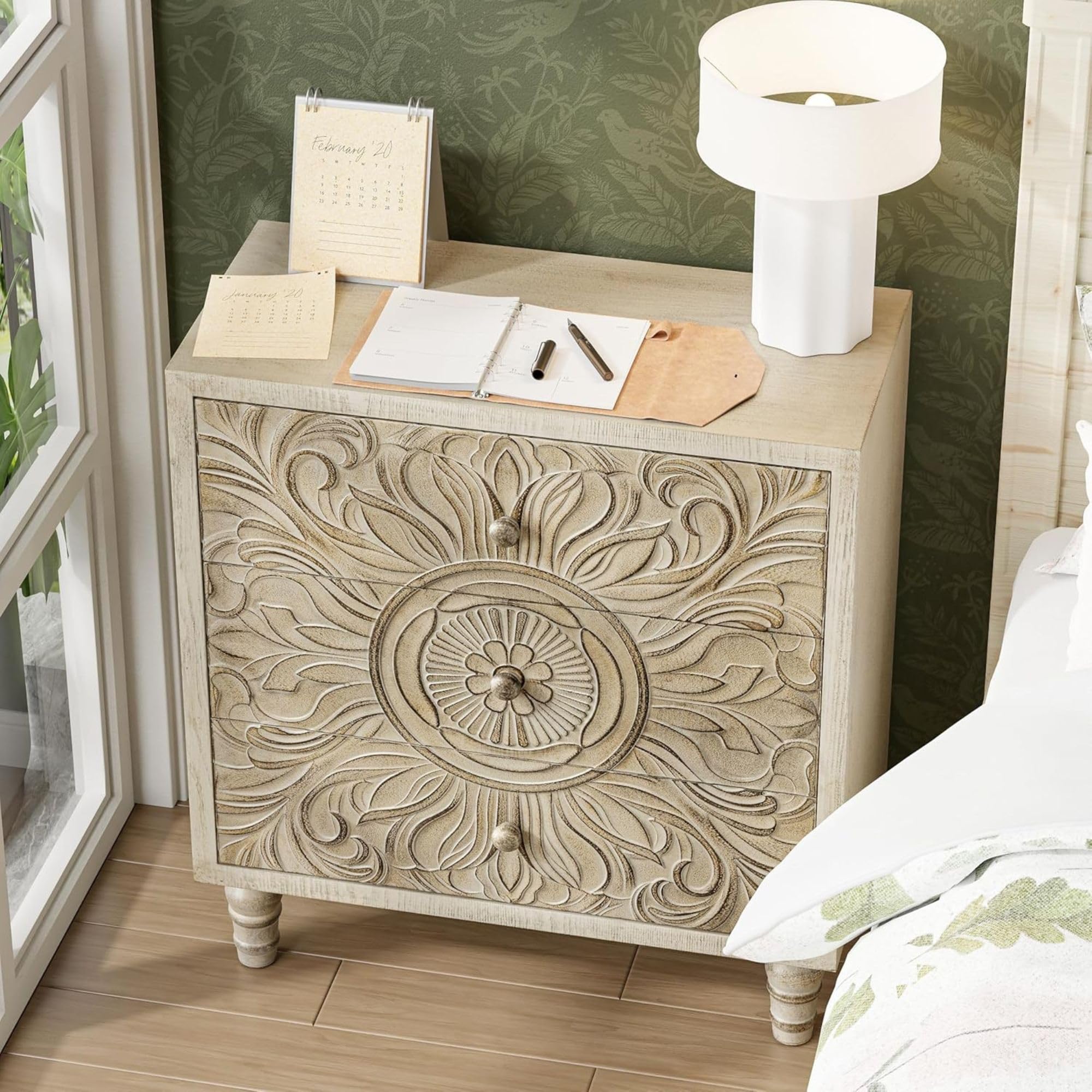 Boho 3-Drawer Dresser with Embossed Floral Motif, Rustic French Country Nightstand, Distressed White Finish
