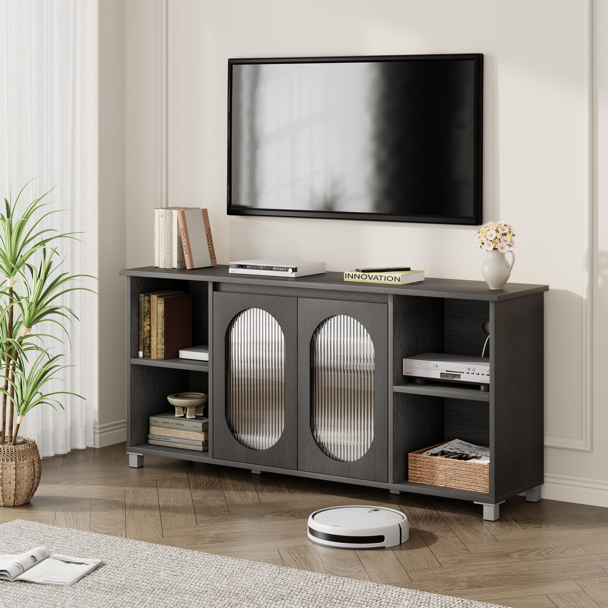 70 Inch Rustic TV Stand – Black Entertainment Center with Corrugated Glass Doors & Open Shelves for Living Room