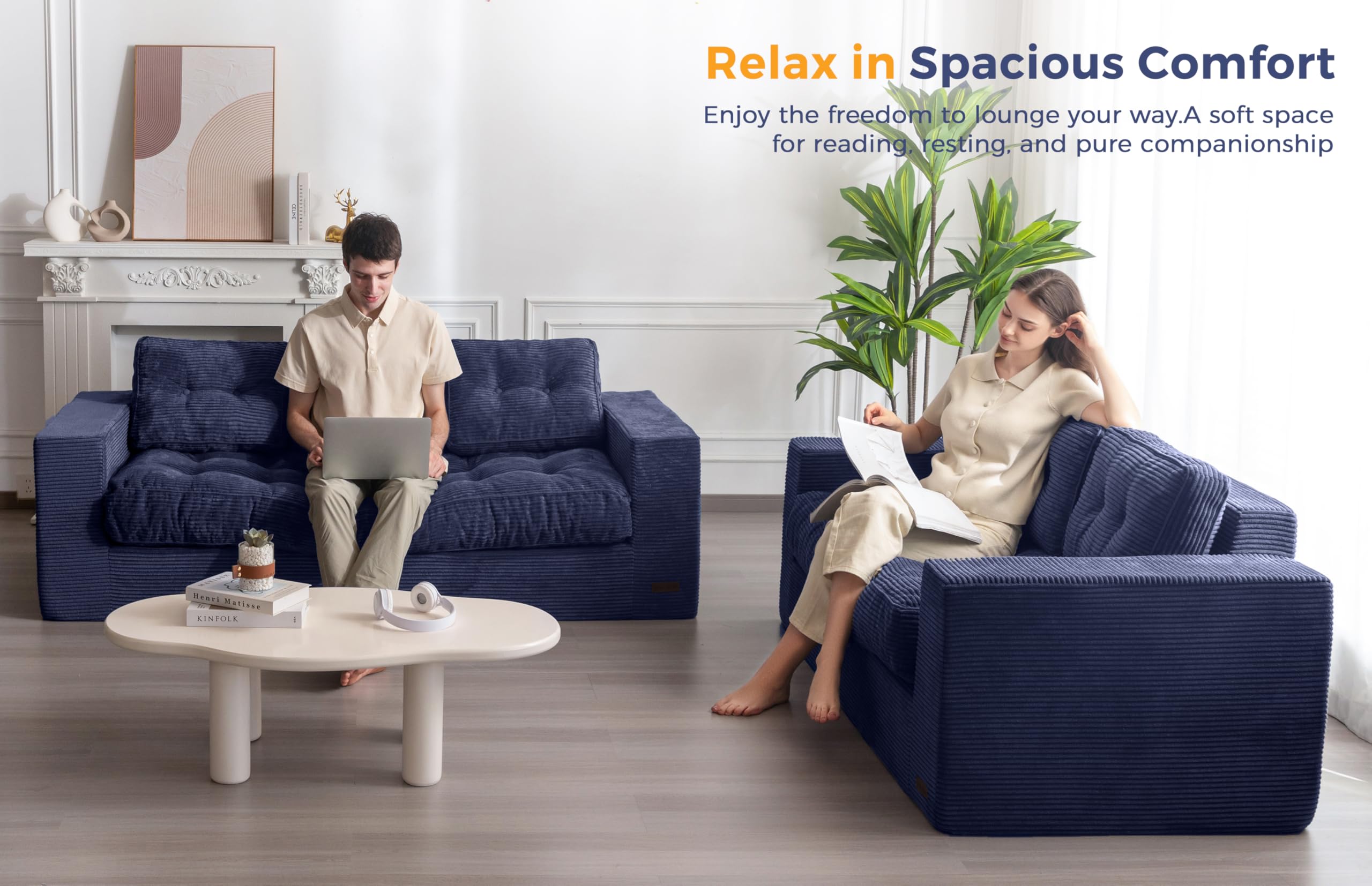 3-Seater Navy Sofa with Tufted Cushions & Armrests, Upholstered Floor Couch, Sofa-in-a-Box, No Assembly Needed