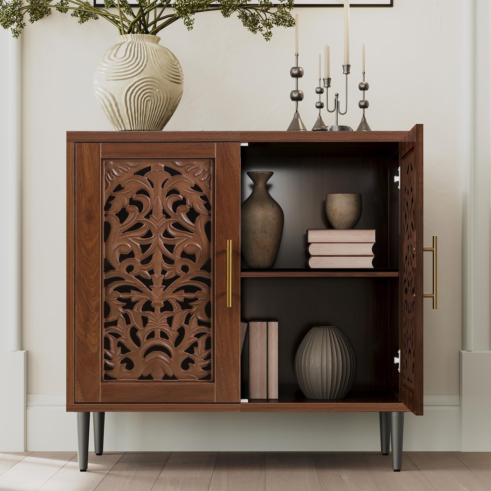 Walnut Accent Cabinet with 2 Doors, Vintage Carved Sideboard Credenza for Dining Room, Hallway, Kitchen