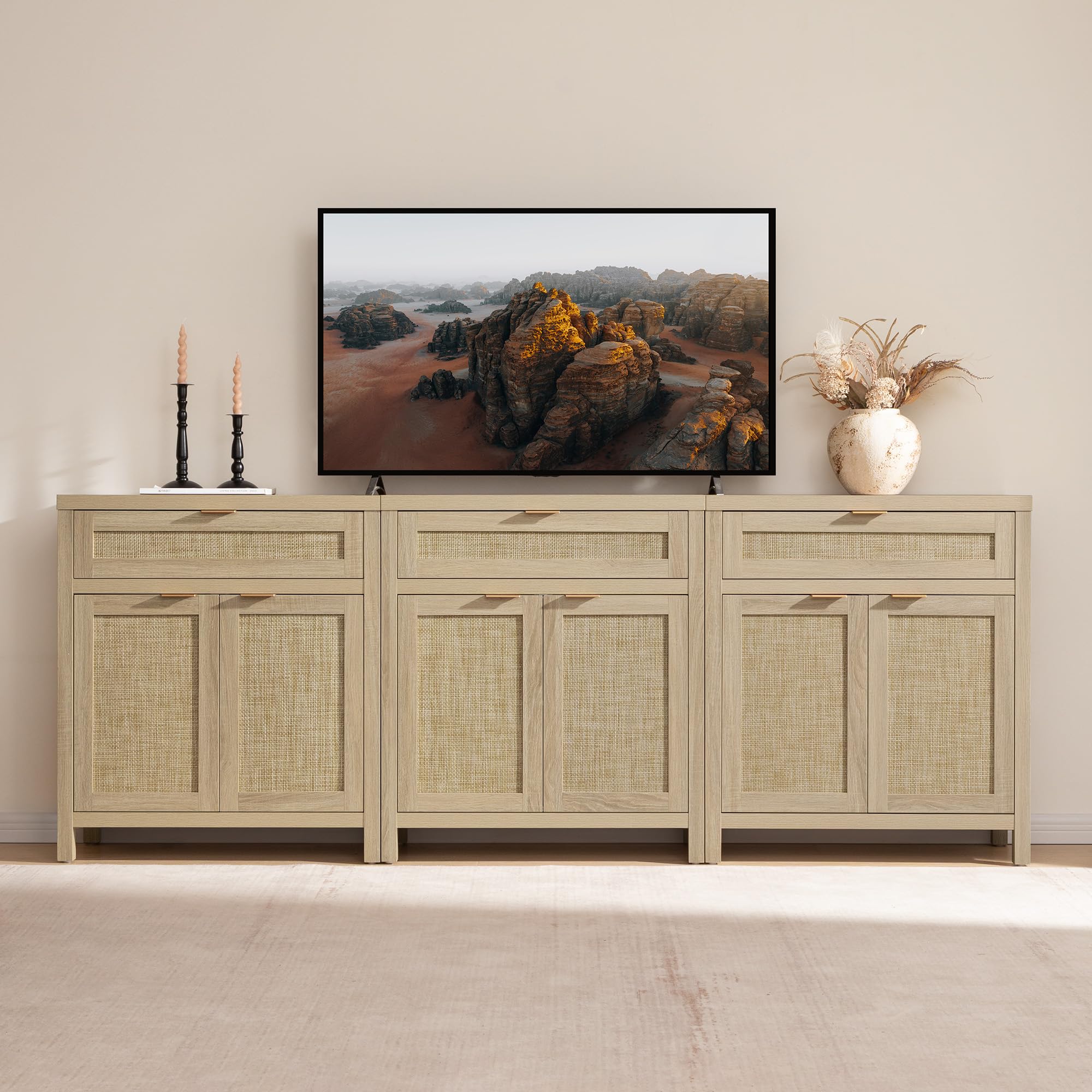 Sideboard Buffet Storage Cabinet Set of 2, Natural Rattan Credenza Console with Drawer & Doors, Coffee Bar for Living Room