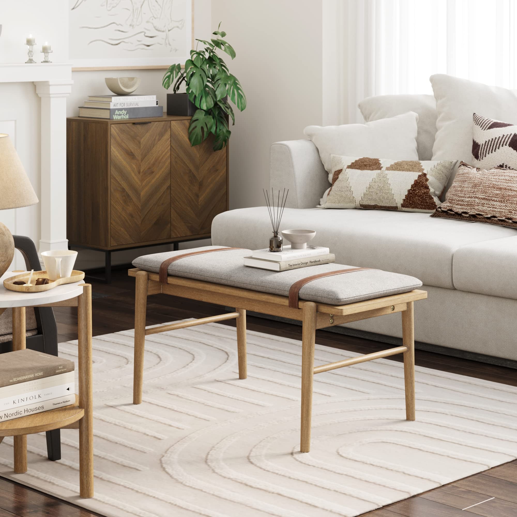 Gugan Mid-Century Wooden Bench Seat, Light Brown Bench with Ivory Cushion for Entryway, Bedroom