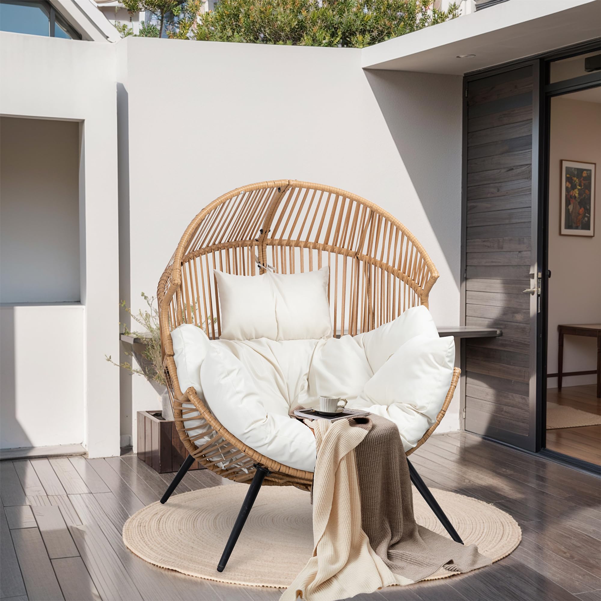 Oversized Wicker Egg Chair – Beige Patio Lounger with Cushion for Indoor Living Room, Balcony or Outdoor Spaces
