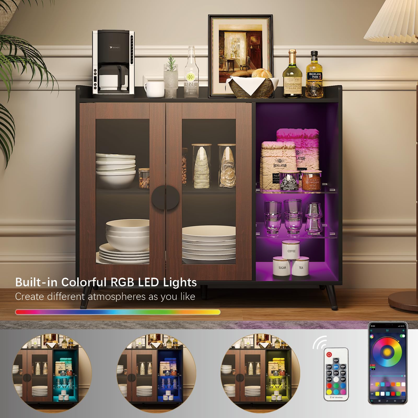 FURNIXI Sideboard Buffet Cabinet with Storage, Modern LED Coffee Bar Console with Glass Shelves & Acrylic Doors, for Dining Room