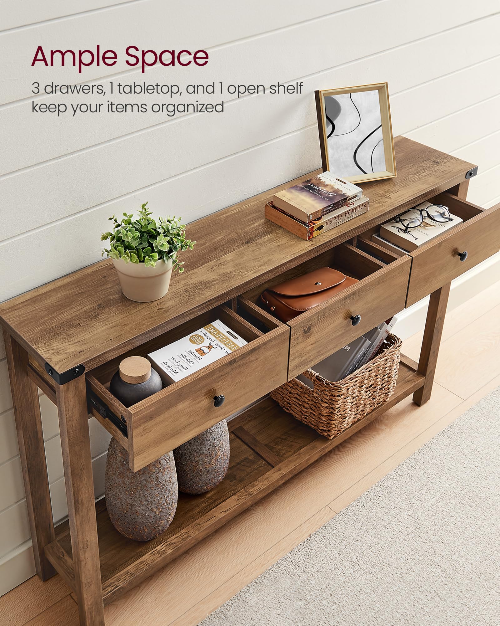 Narrow Entryway Console Table with 3 Drawers, Open Shelf & Metal Corners, Farmhouse Style Sofa Table, Honey Brown