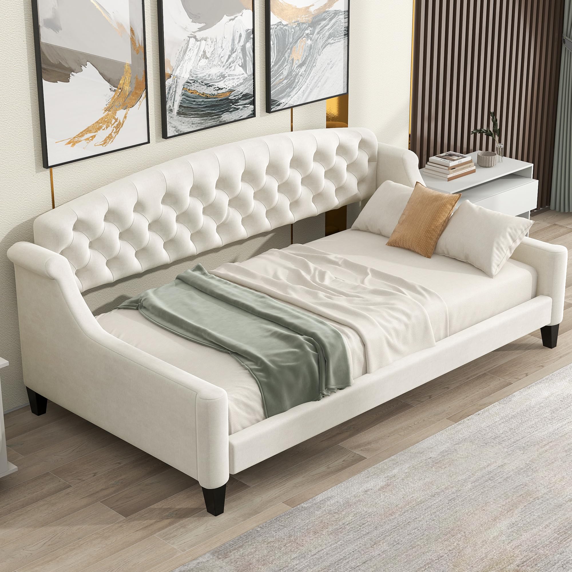 Tufted Twin Daybed – Beige Upholstered Frame, Luxury Sofa Bed Design for Bedroom or Living Room