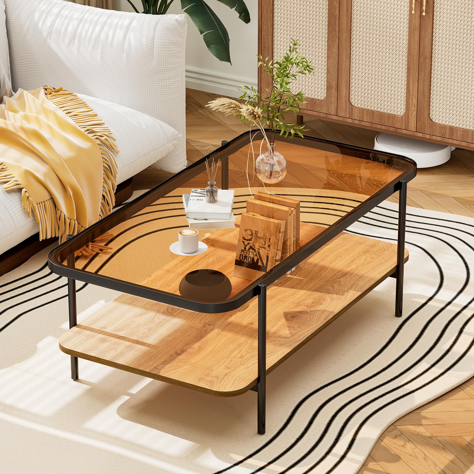Brown Glass Coffee Table, Modern 2-Tier Table with Metal Legs, Open Storage & Rounded Corners, Rectangular Living Room Table