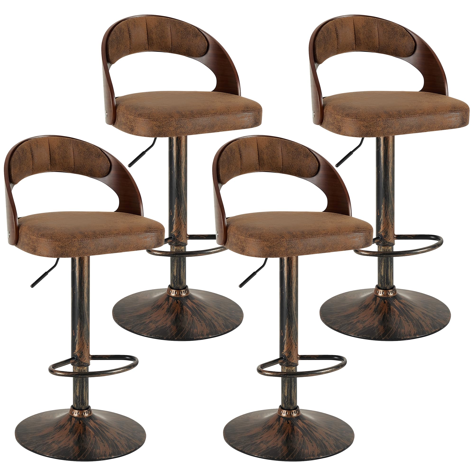 Bar Stool Set of 4, 360° Swivel PU Leather Counter Stools with Bentwood Back, Arm & Footrest, Adjustable Height, Rustic Brown