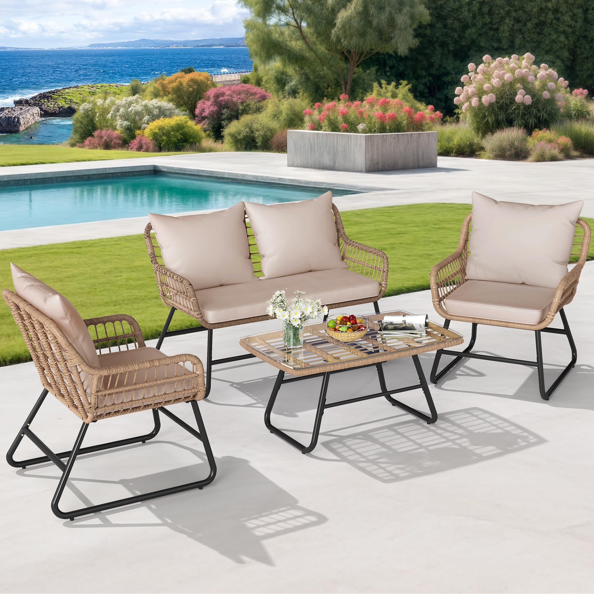 4-Piece Rattan Patio Set – Beige Outdoor Furniture with Soft Cushions & Side Table for Balcony or Backyard