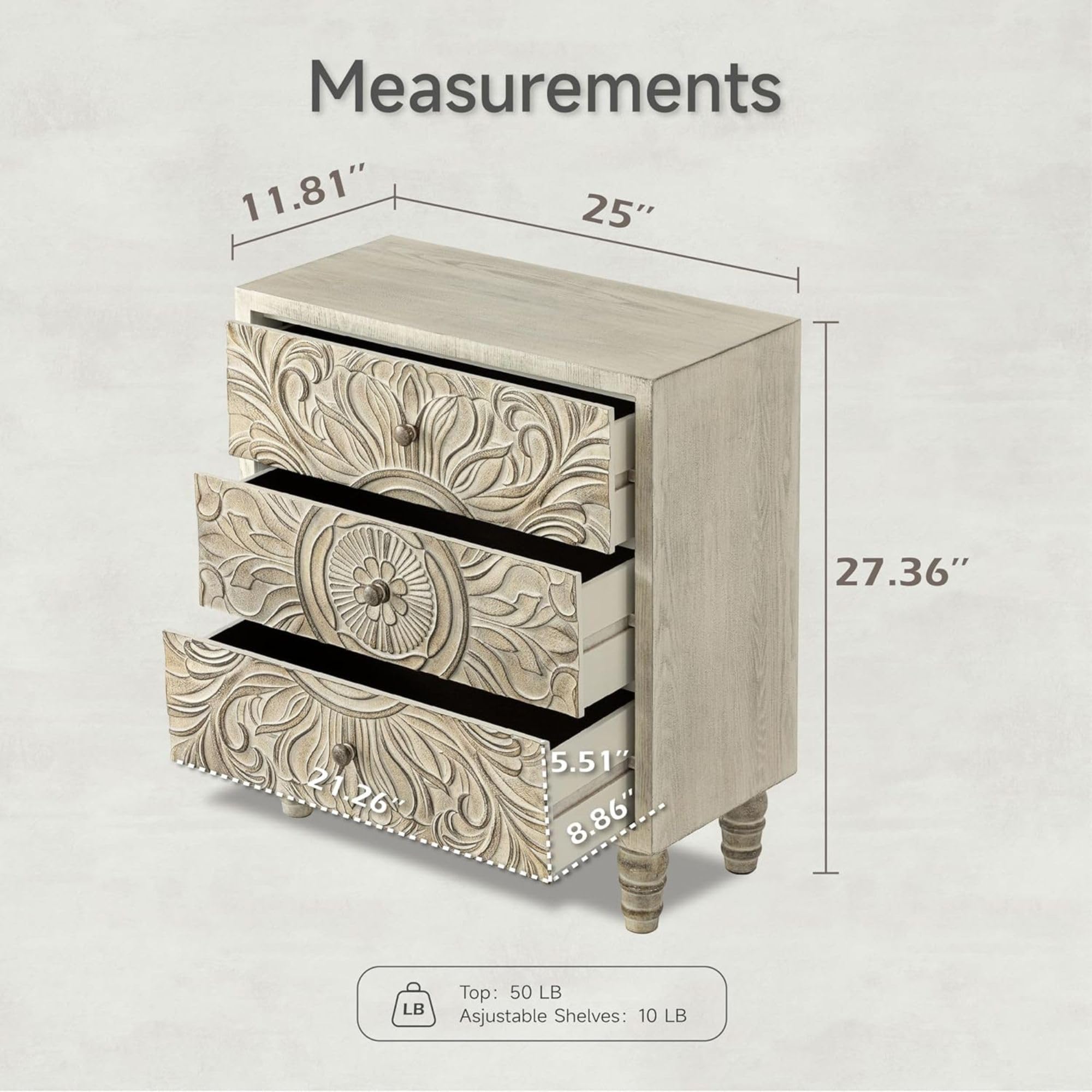 Boho 3-Drawer Dresser with Embossed Floral Motif, Rustic French Country Nightstand, Distressed White Finish