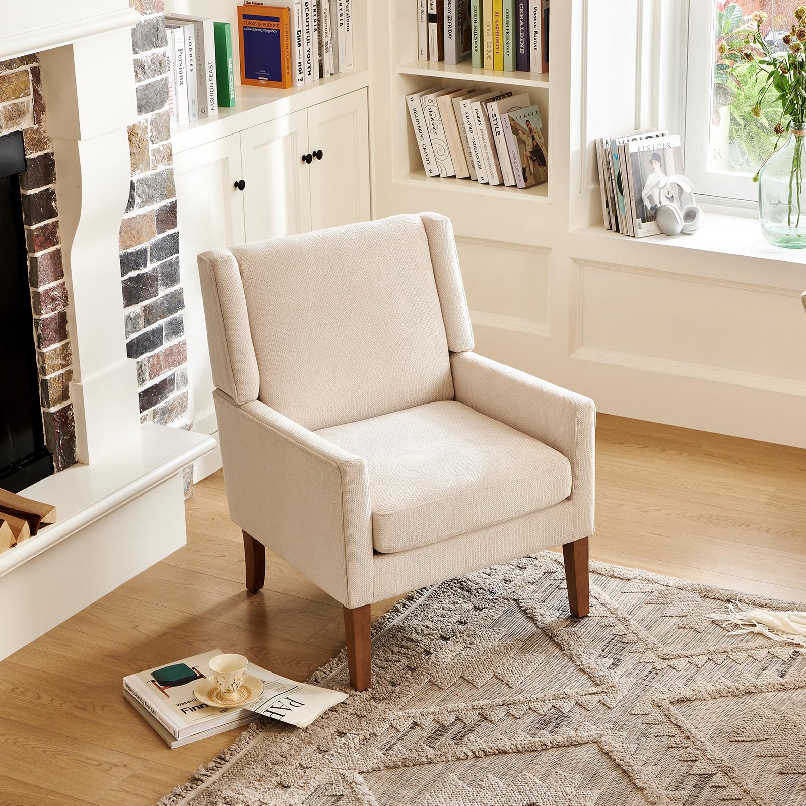 Modern Wingback Accent Chair, Upholstered Fabric Armchair with Lounge Seat & Wood Legs for Living Room, Beige