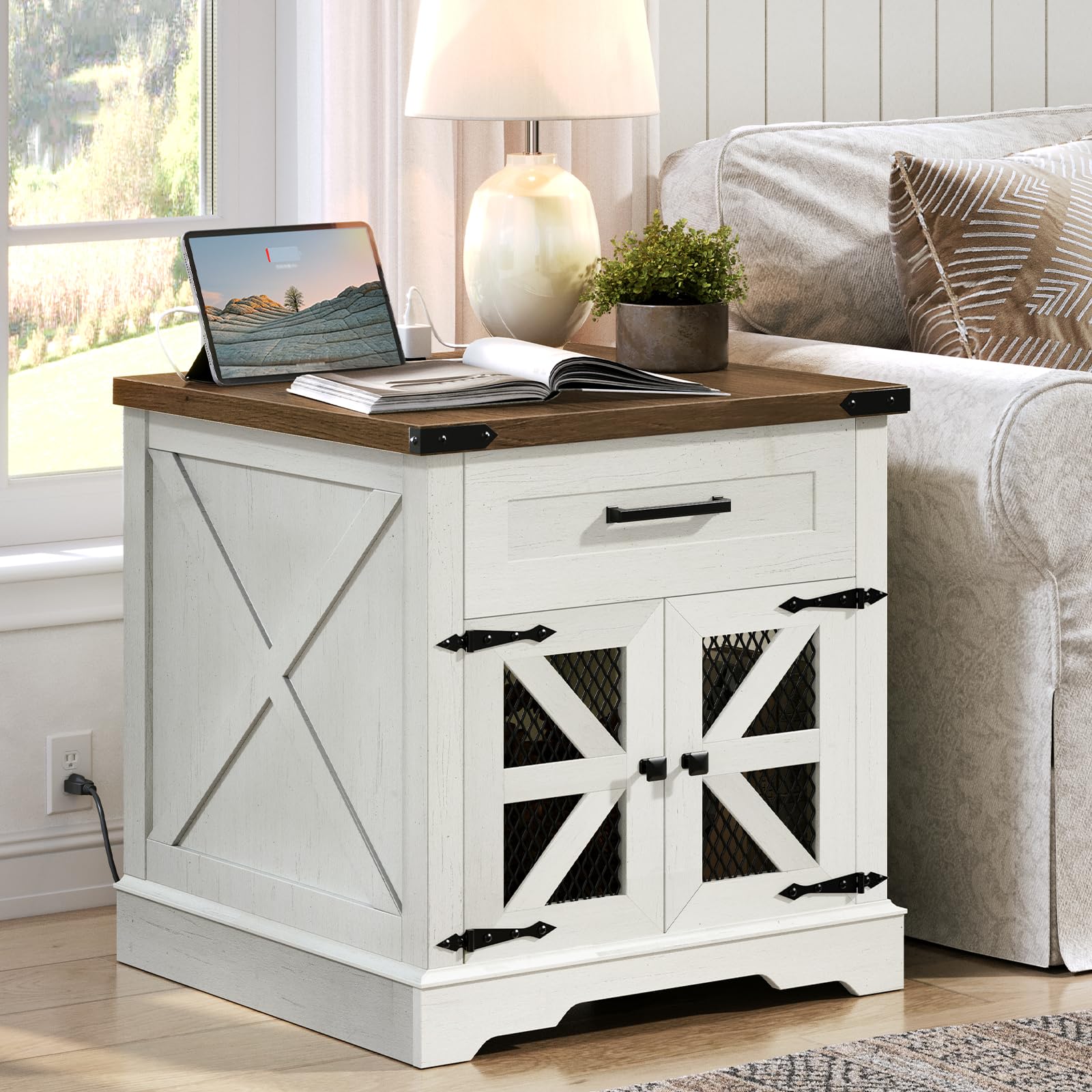 White Farmhouse End Table Set of 2, Large Square Sofa Side Table with Drawer & Charging Station