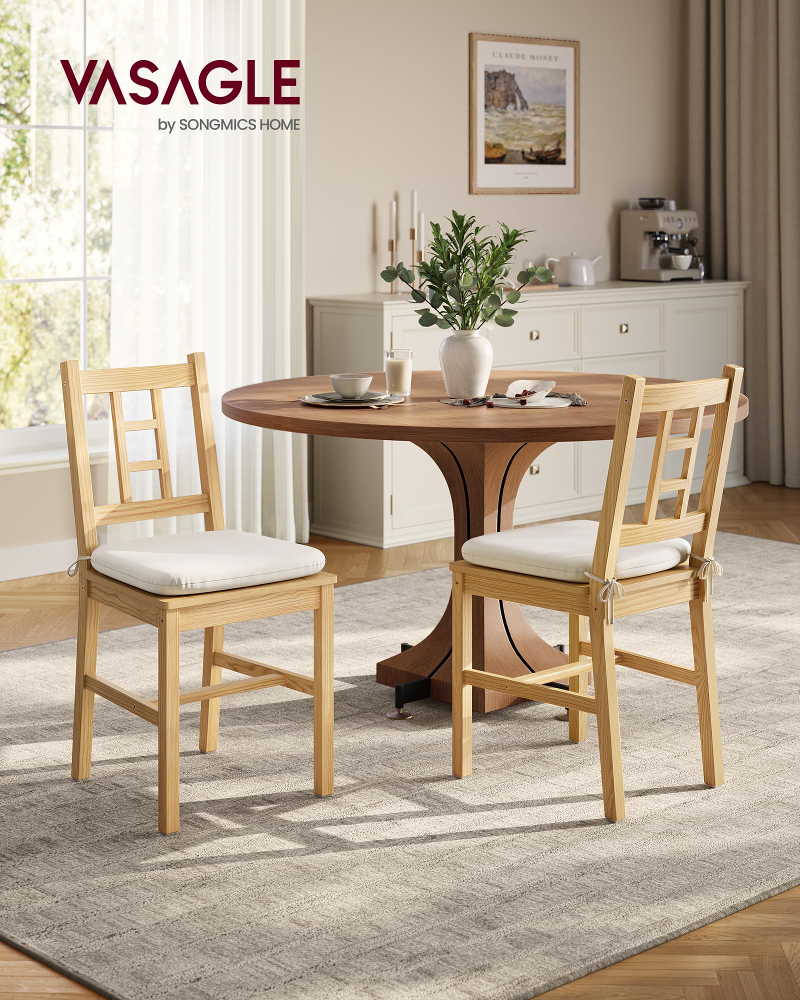 Set of 2 Wooden Dining Chairs, Golden Oak Kitchen Side Chairs with Curved Back & Removable Cushions