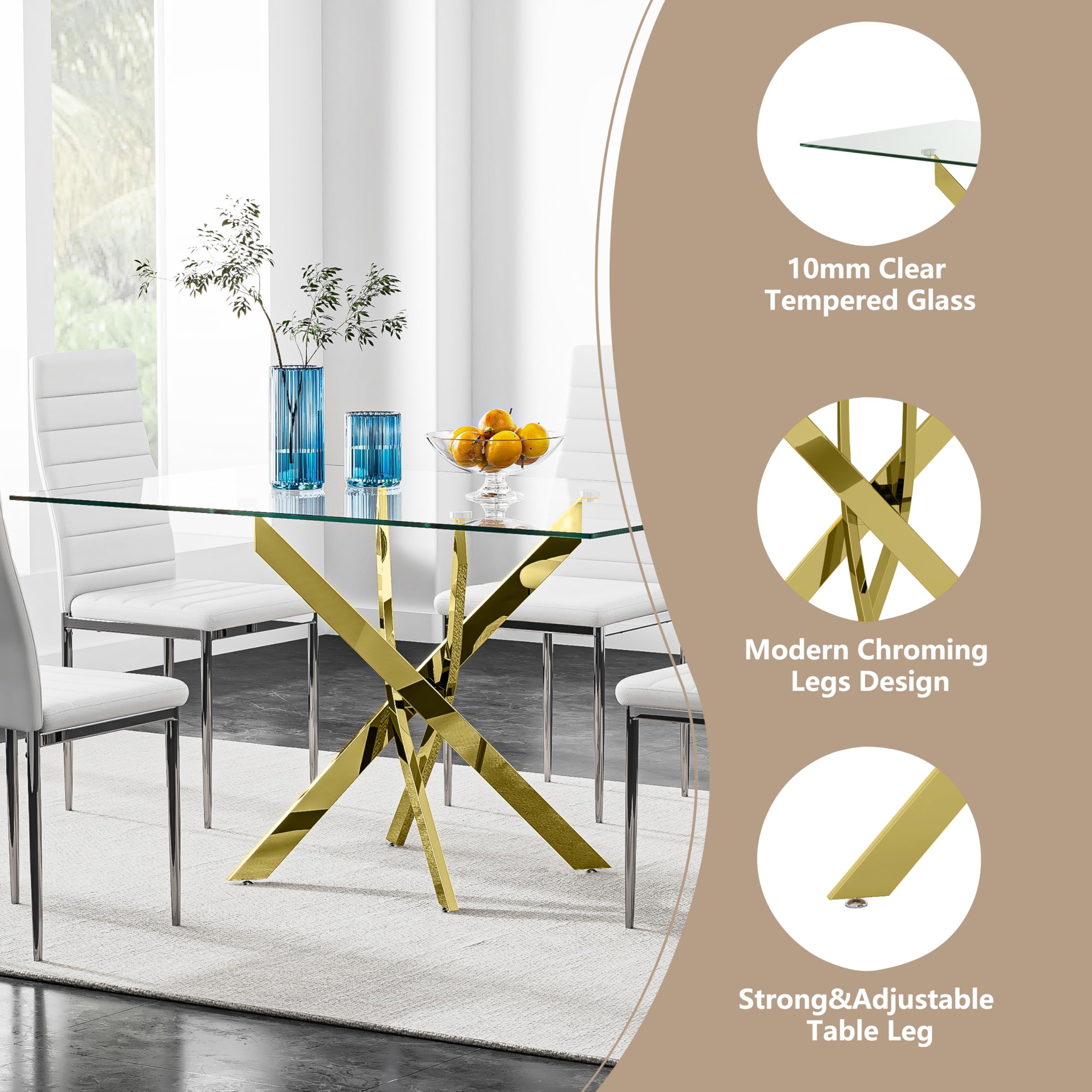 47" Glass Dining Table with Chrome Legs, Modern Rectangular Kitchen Table for Dining Room, Gold Finish