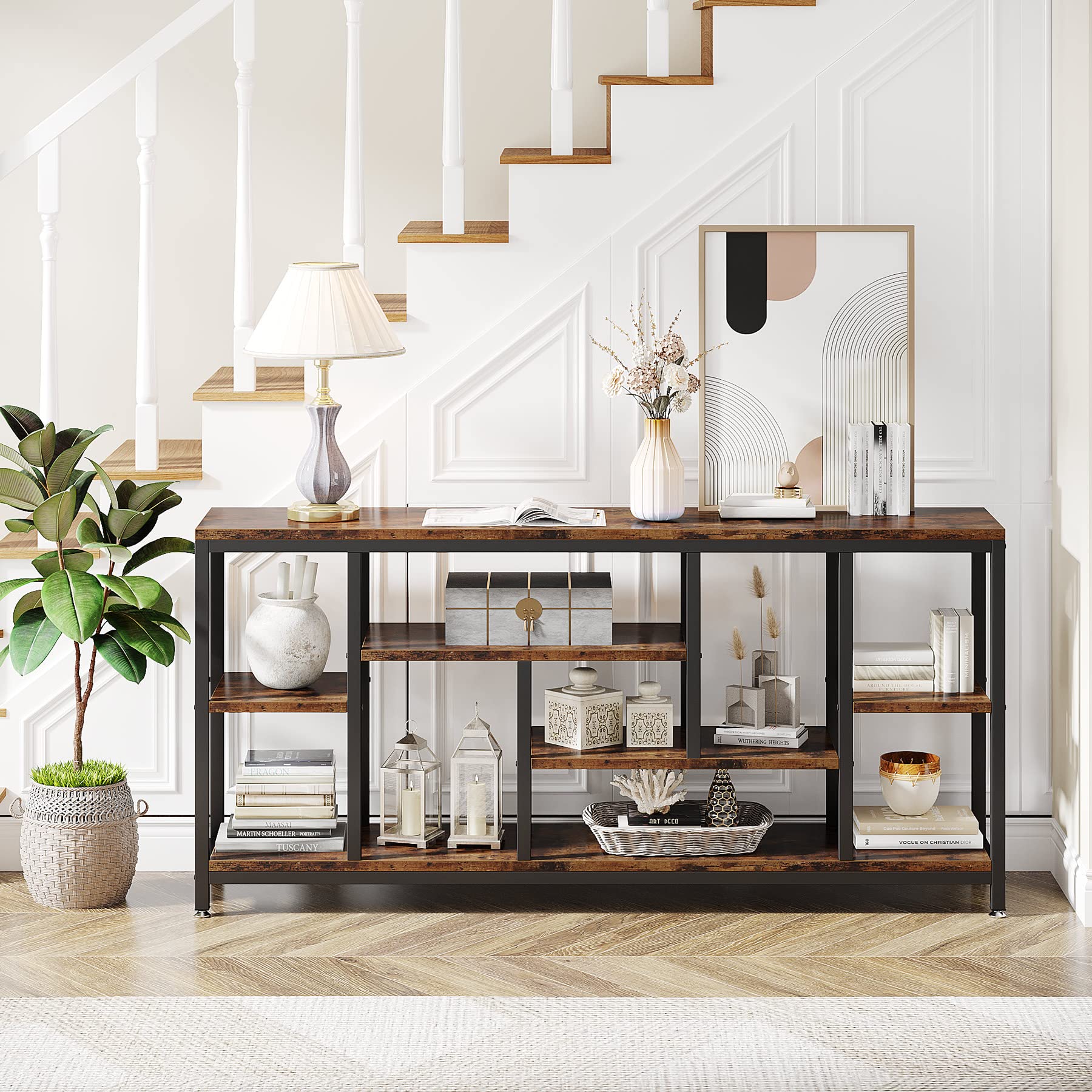 70.9" Industrial Console Table, 3-Tier Extra Long Sofa Table with Storage for Hallway, Living Room, Rustic Brown