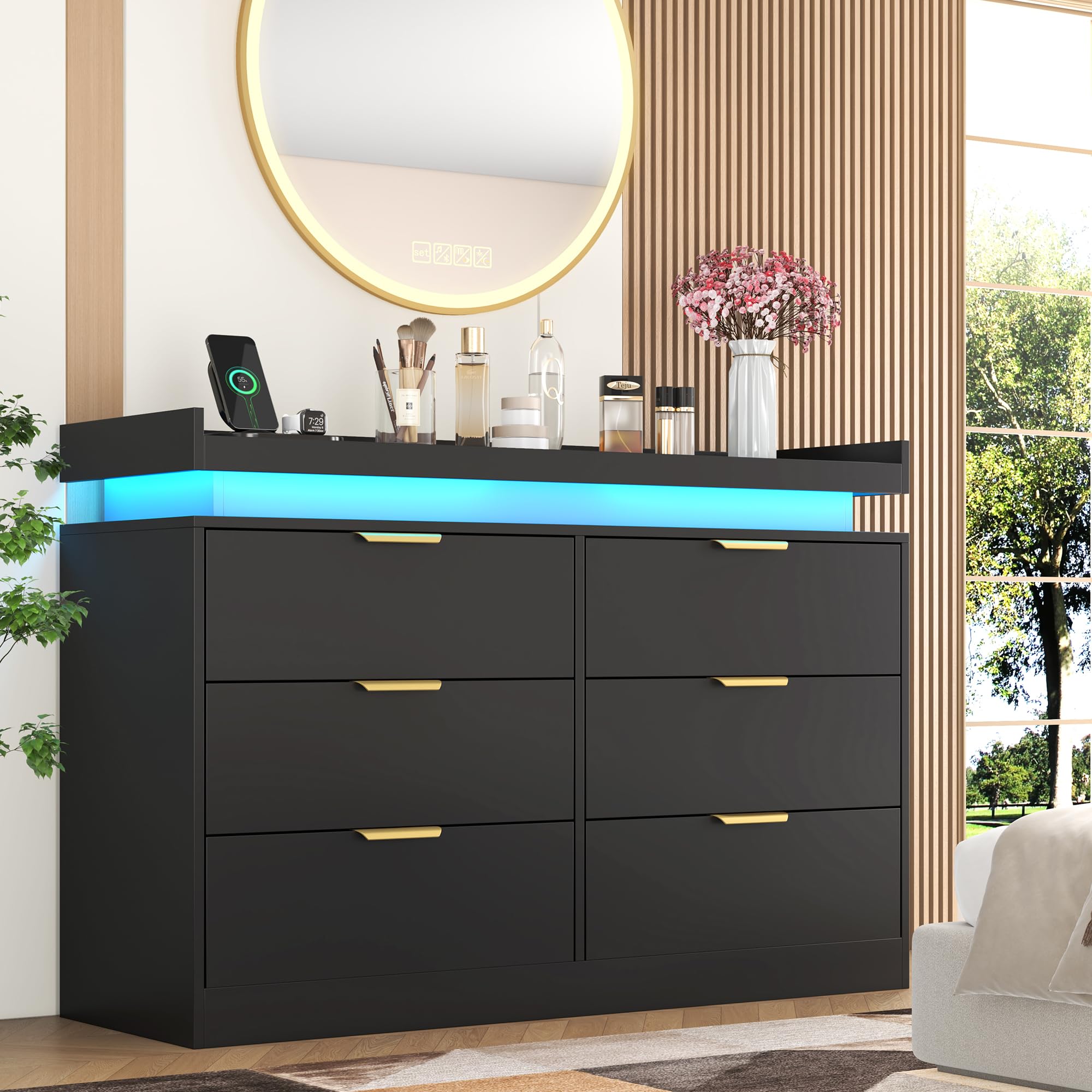 6-Drawer Black Dresser – LED Lights & Power Outlet, Modern Wide Storage Organizer for Bedroom, Entryway or Closet