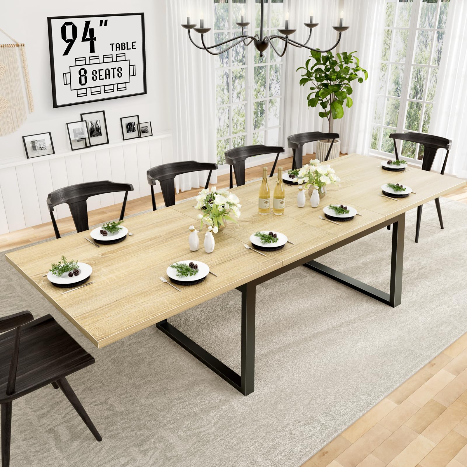 94" Expandable Dining Table for 8-10, Long Modern Farmhouse Table for Kitchen or Dining Room, Rectangular