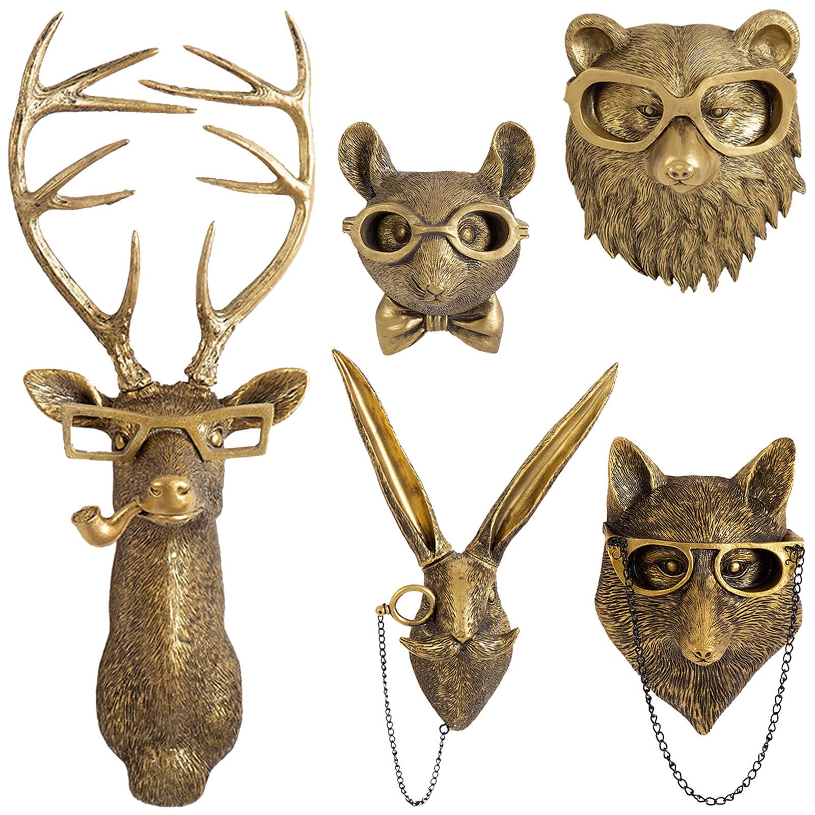 5-Piece Faux Animal Head Wall Décor – Resin Deer Head Sculptures for Living Room, Kitchen, Bedroom or Gift