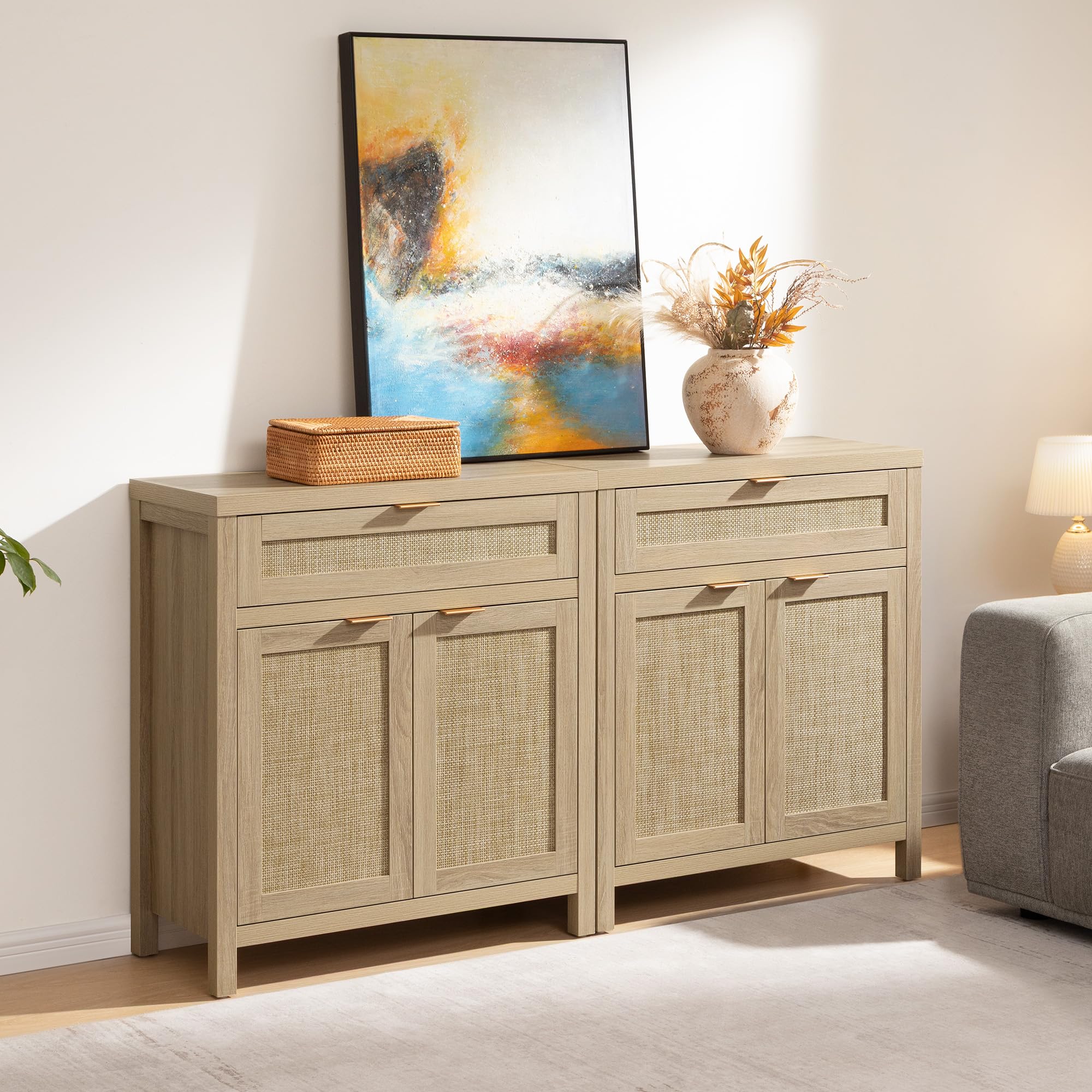 Sideboard Buffet Storage Cabinet Set of 2, Natural Rattan Credenza Console with Drawer & Doors, Coffee Bar for Living Room