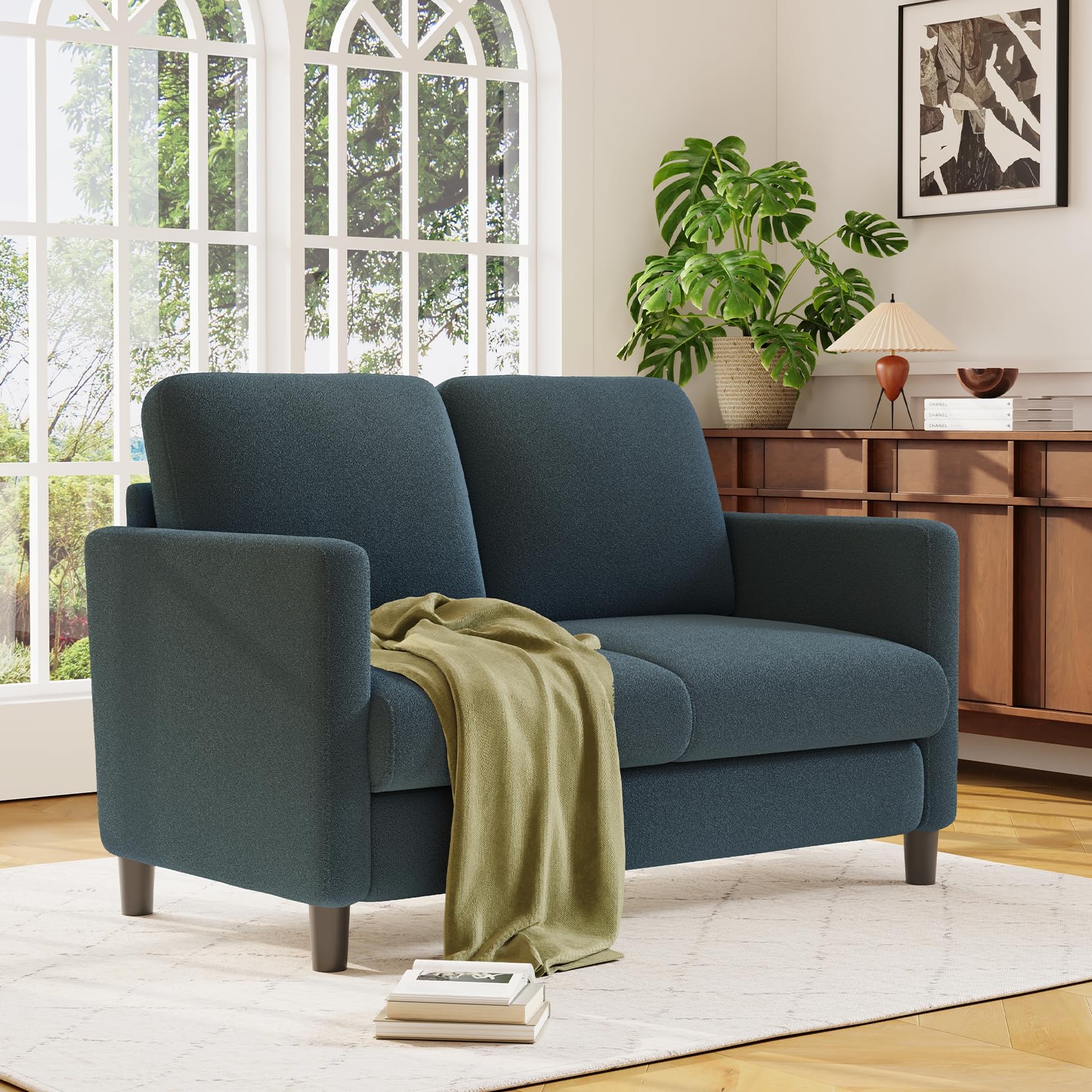 51" Loveseat Sofa – Blue Grey Teddy Fabric Couch, Tool-Free Setup, All-Wood Frame, No Pillow Included, Ideal for Small Rooms