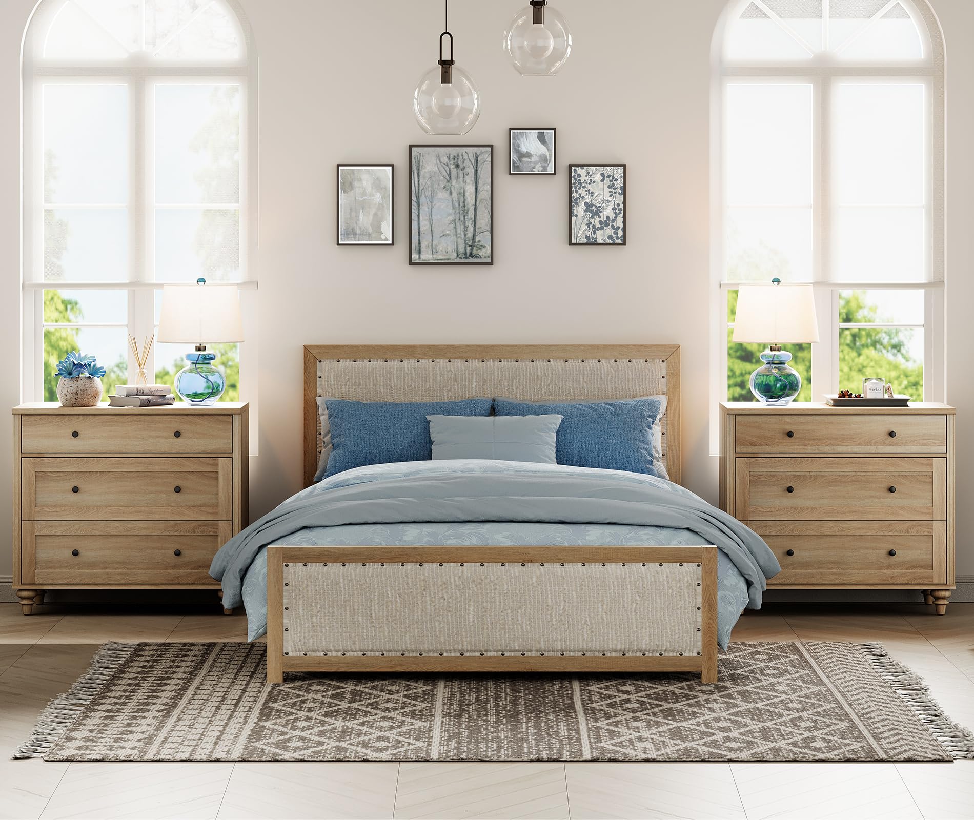 34” Oak Farmhouse Nightstand Set of 2, Large 3-Drawer Wood Bedside Tables for Living Room or Bedroom
