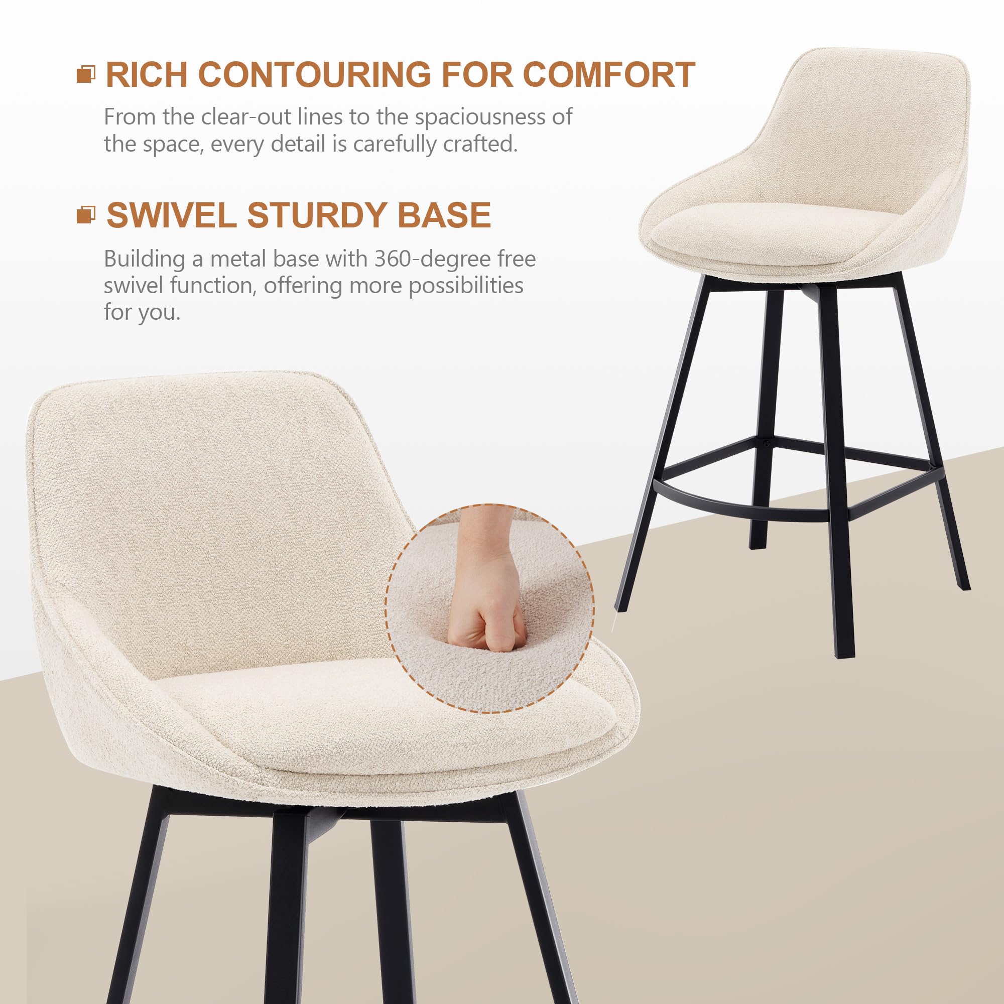 Swivel Bar Stools Set of 3, Modern 26'' Upholstered Counter Height Barstools with Backs and Metal Legs for Kitchen Island, Beige