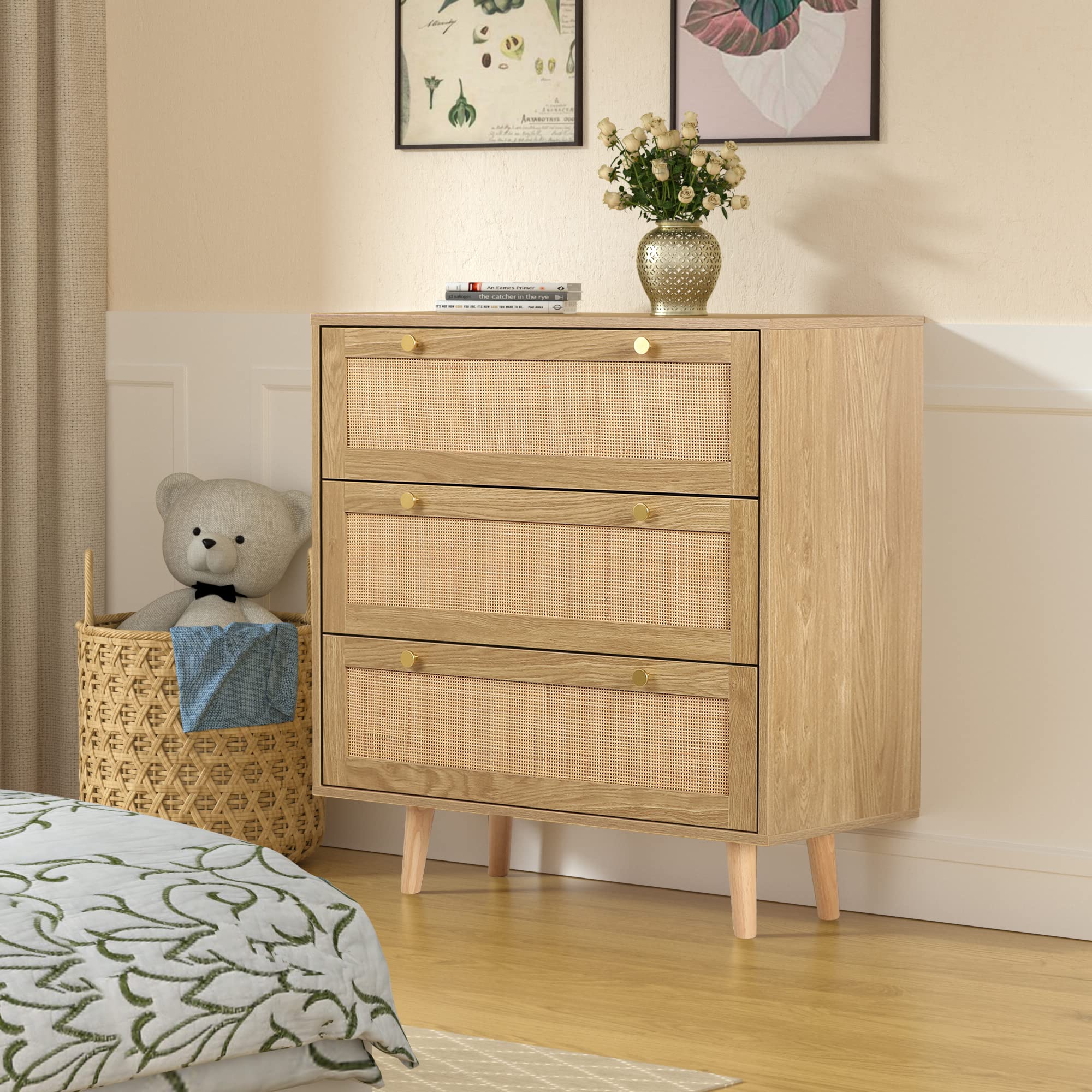 Modern Rattan 3-Drawer Dresser, Rustic Oak Wood Chest with Spacious Storage for Bedroom, Hallway, H0027
