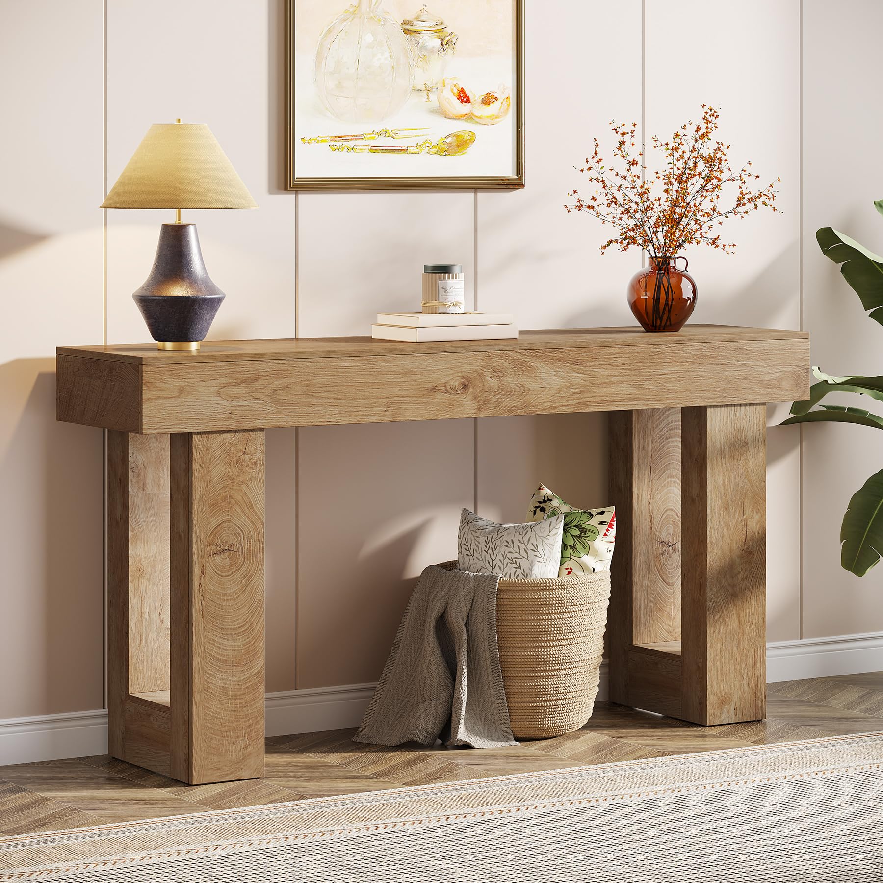 63" Long Wooden Console Table, Farmhouse Sofa Table for Entryway or Hallway, Rectangular Behind Couch Table, Natural