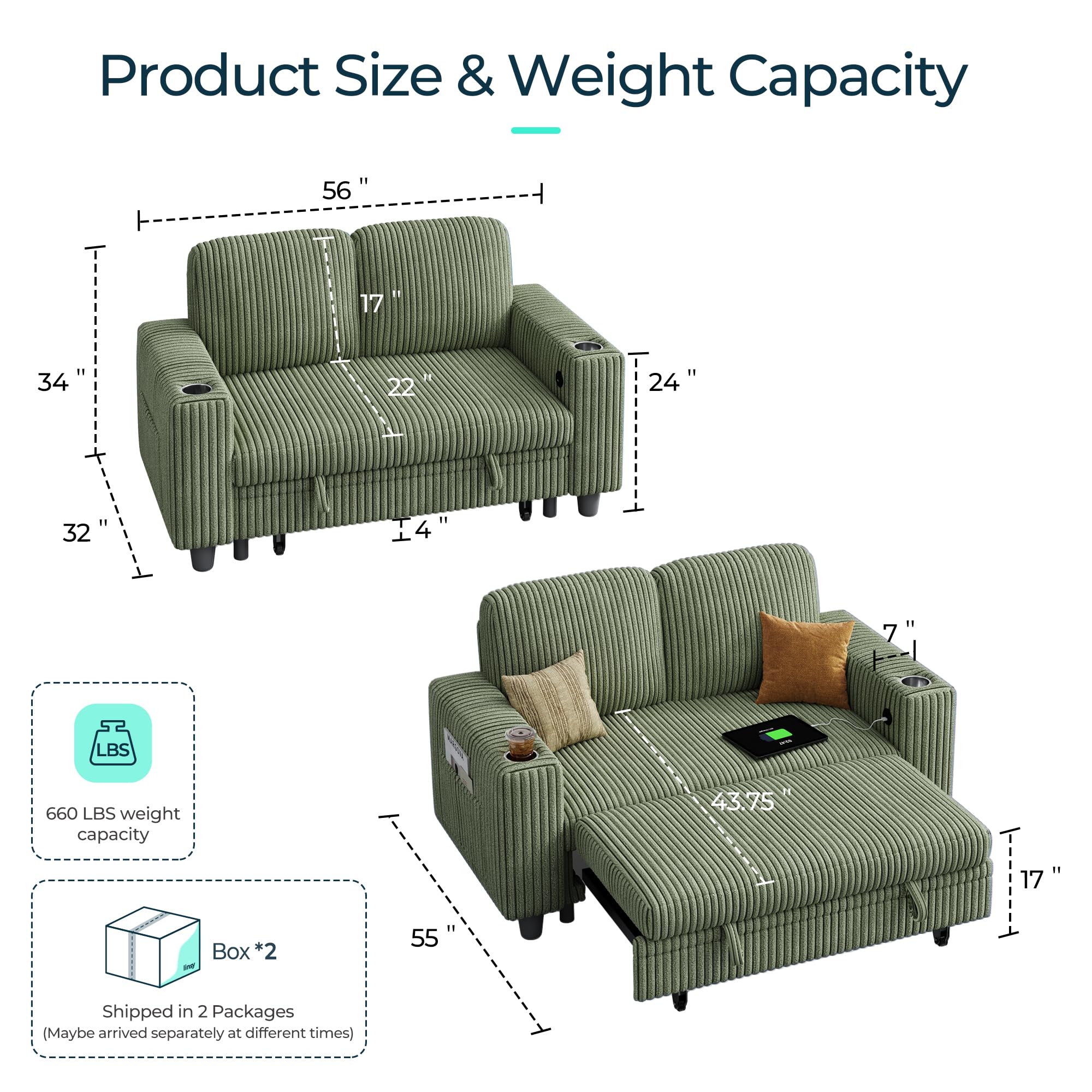 Pull Out Loveseat Sofa – Green Convertible Couch Chaise with USB Ports & Cup Holders, Plush Corduroy Sofa for Small Spaces