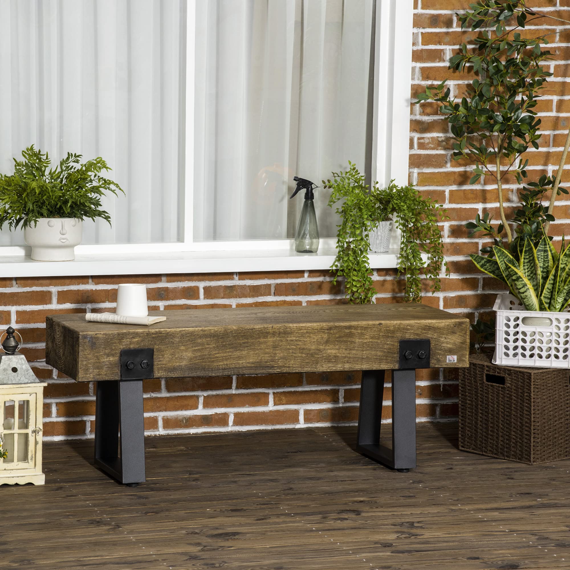 Rustic Wood Effect Concrete Bench with Metal Legs, Garden Entryway Bench for Indoor Outdoor Use, Porch, Park