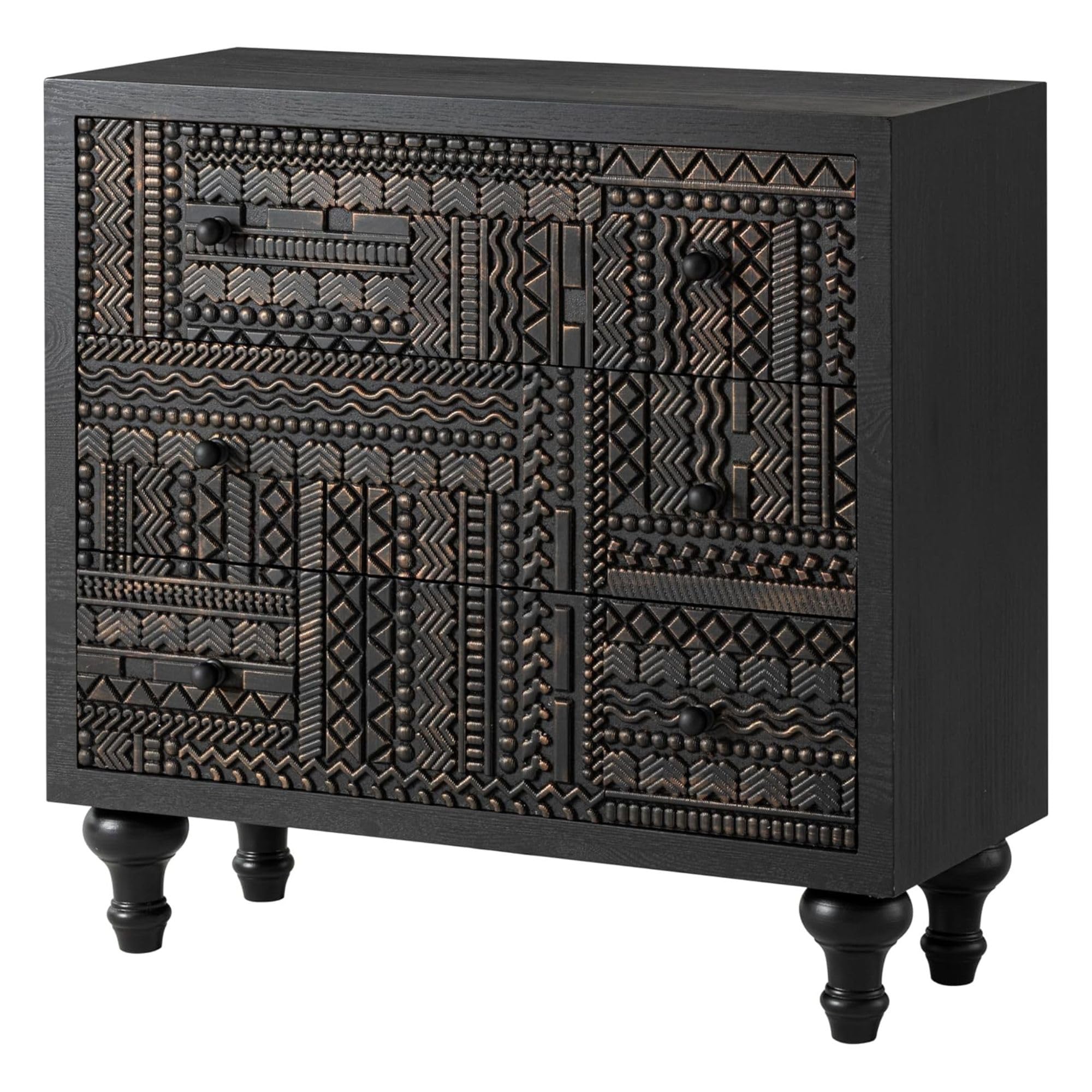 Black 3-Drawer Farmhouse Dresser with Carved Pattern, Mid-Century Modern Boho Nightstand, Fully Assembled