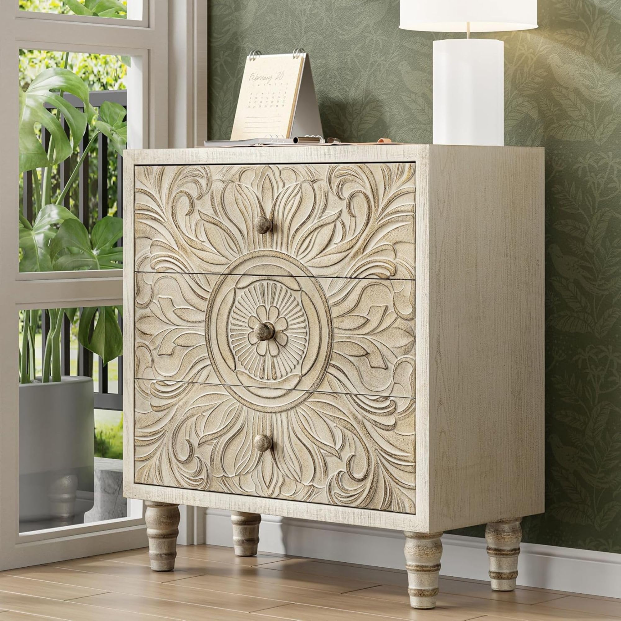 Boho 3-Drawer Dresser with Embossed Floral Motif, Rustic French Country Nightstand, Distressed White Finish