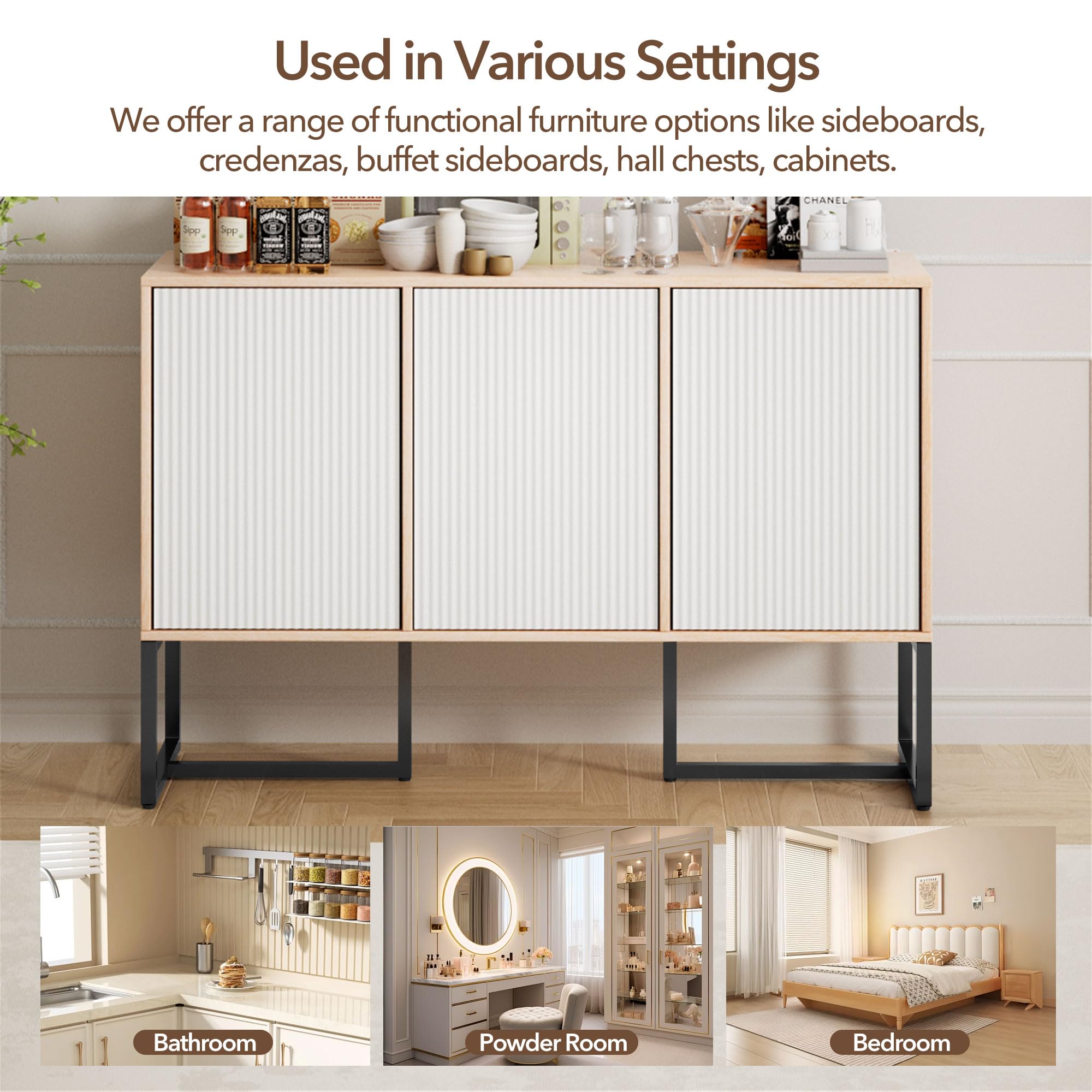 White Buffet Cabinet with Storage, 3-Door Coastal Sideboard with Metal Legs, Coffee Bar Organizer for Kitchen or Entryway