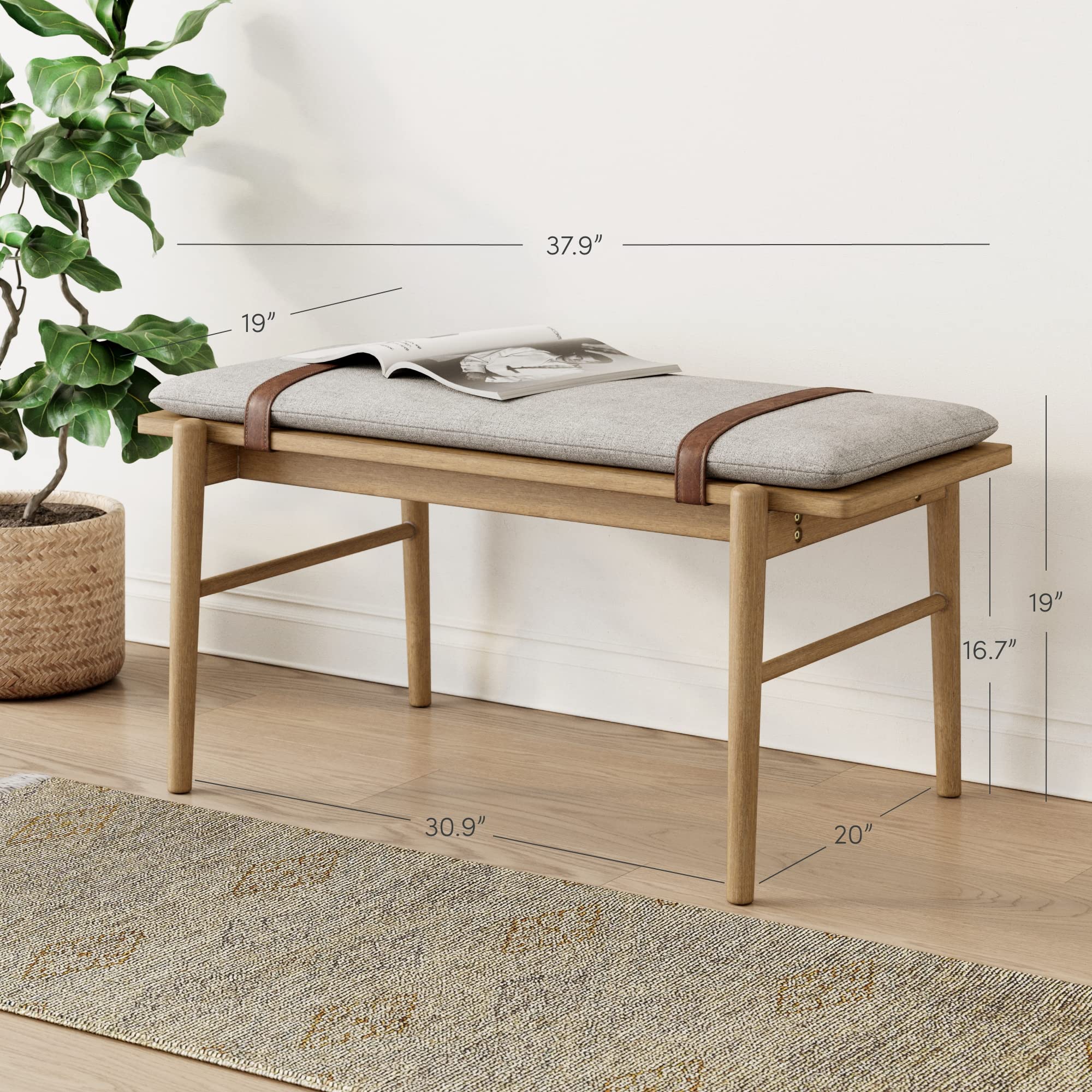 Gugan Mid-Century Wooden Bench Seat, Light Brown Bench with Ivory Cushion for Entryway, Bedroom