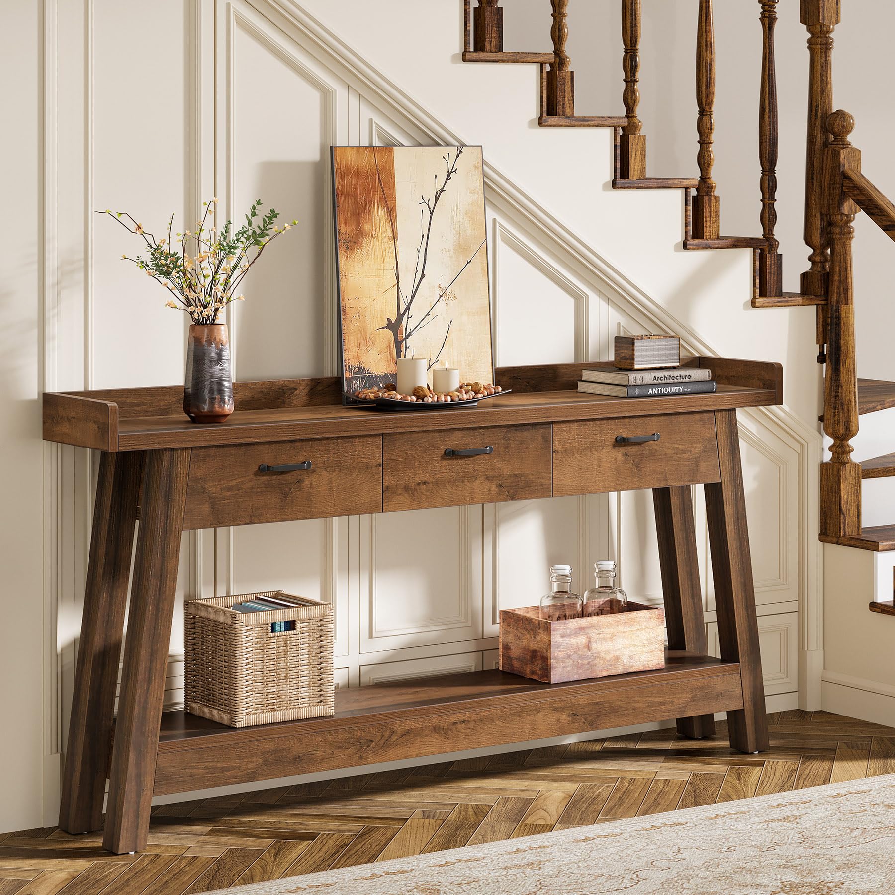 70.9" Farmhouse Console Table with 3 Drawers, 2-Tier Entryway Sofa Table with Raised Baffle & Storage, Rustic Brown