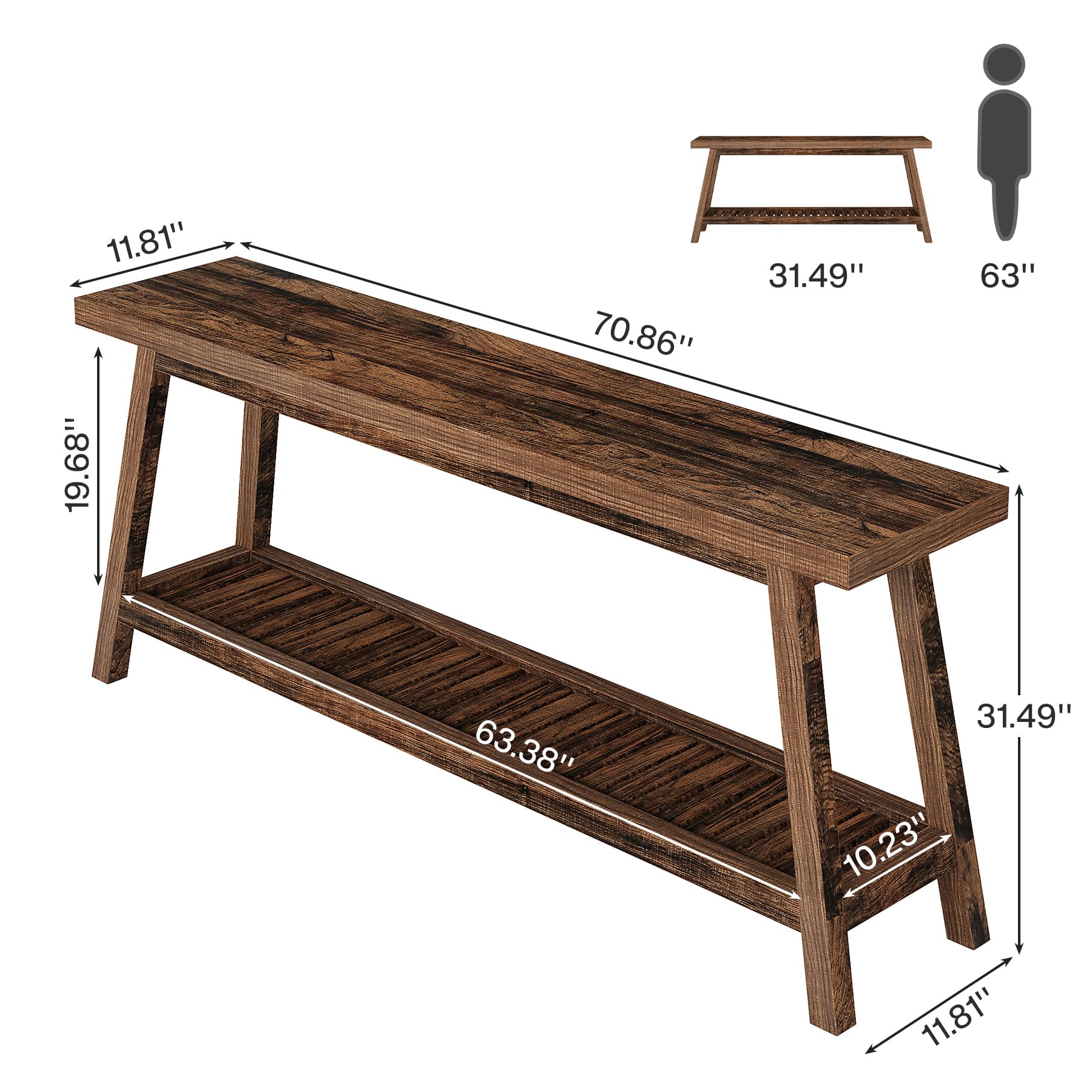 70.86" Farmhouse Console Table, 2-Tier Extra Long Entryway Sofa Table Behind Couch for Hallway, Rustic Brown