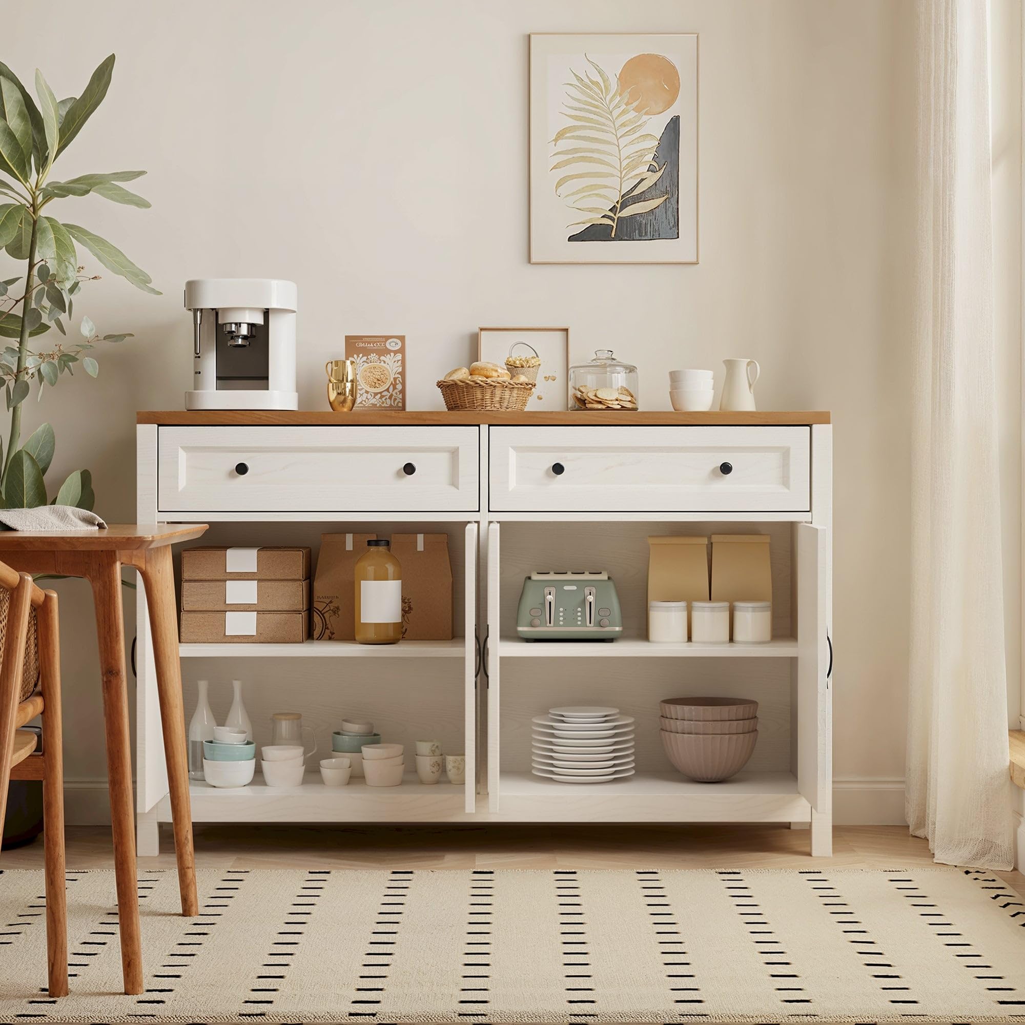 Farmhouse Sideboard Buffet Cabinet with Storage, White/Rustic Brown Coffee Bar with Drawers & Doors for Dining Room