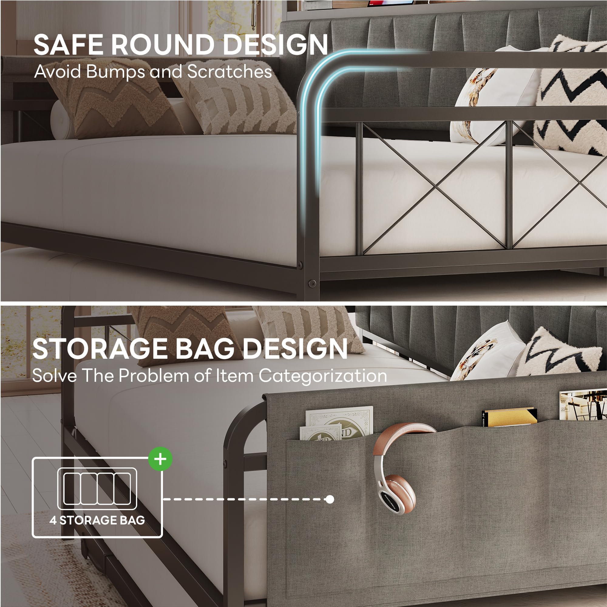 Grey Daybed with Trundle – Twin Sofa Bed with Storage Headboard & Charging Station for Bedroom or Guest Room