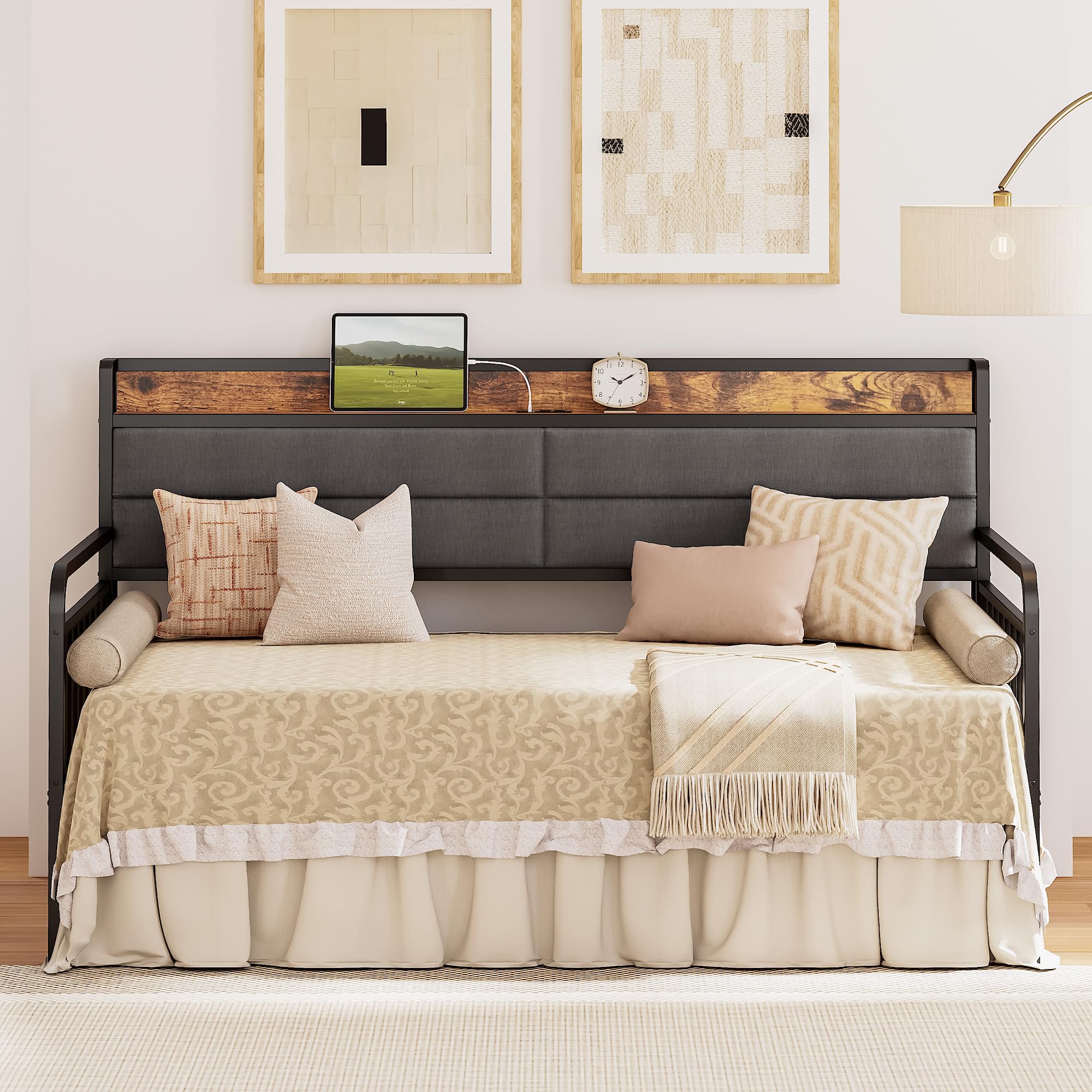 Twin XL Daybed with Trundle – Black Metal Frame with Headboard, Charging Station for Bedroom, Guest Room or Living Room