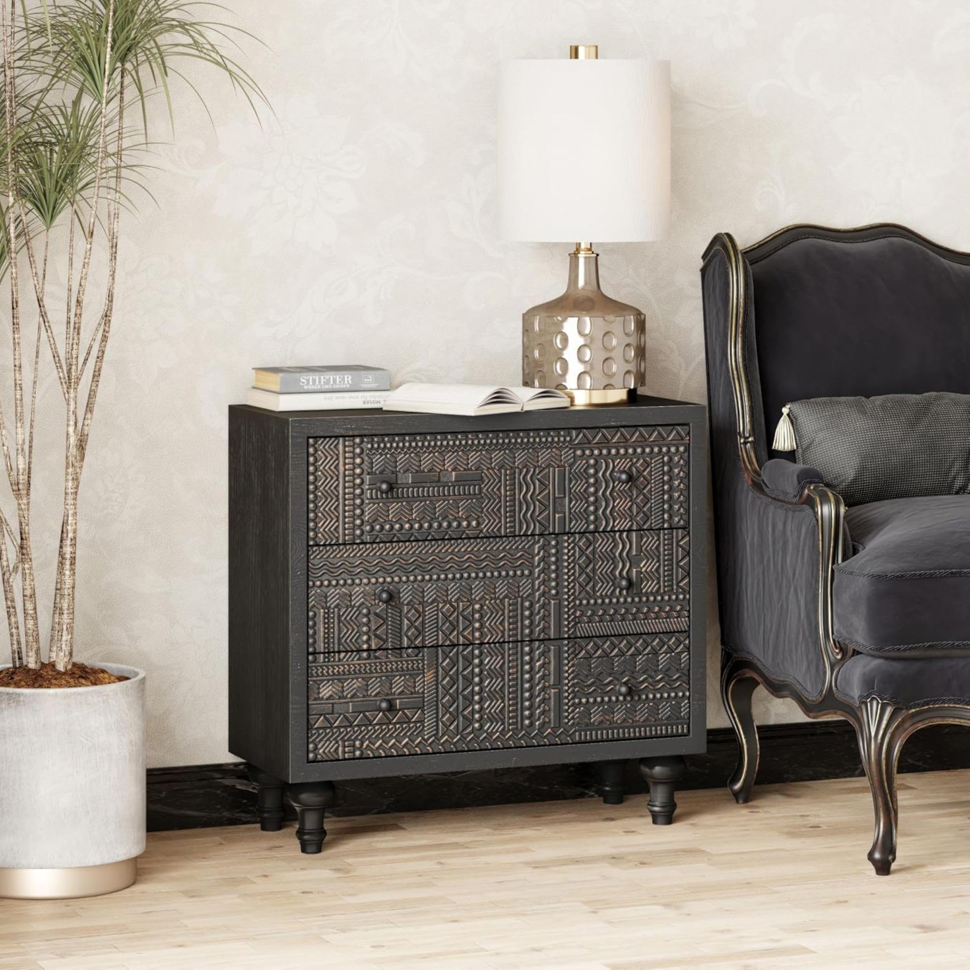 Black 3-Drawer Farmhouse Dresser with Carved Pattern, Mid-Century Modern Boho Nightstand, Fully Assembled