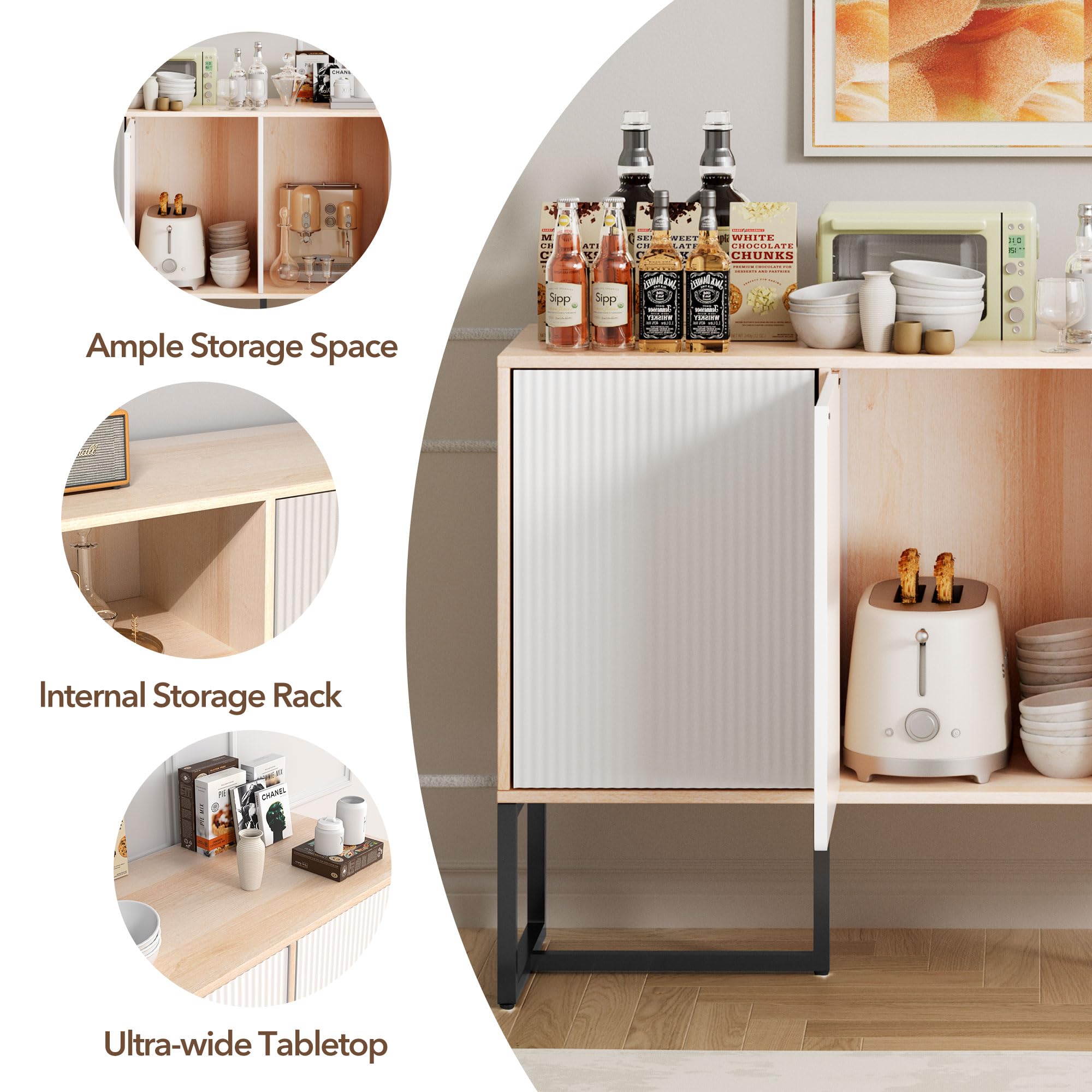 White Buffet Cabinet with Storage, 3-Door Coastal Sideboard with Metal Legs, Coffee Bar Organizer for Kitchen or Entryway
